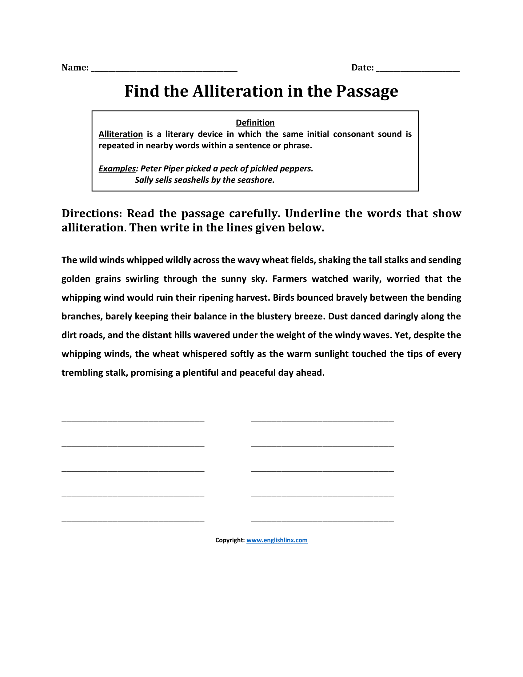 Find in Passage Alliteration Worksheet