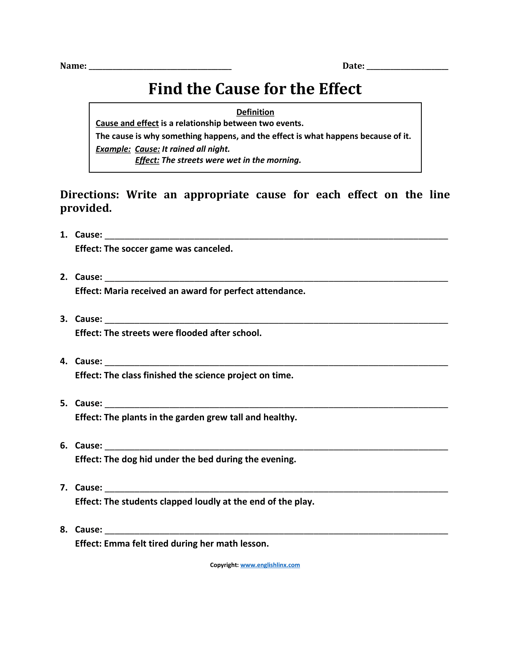 Find the Cause and Effect Worksheet