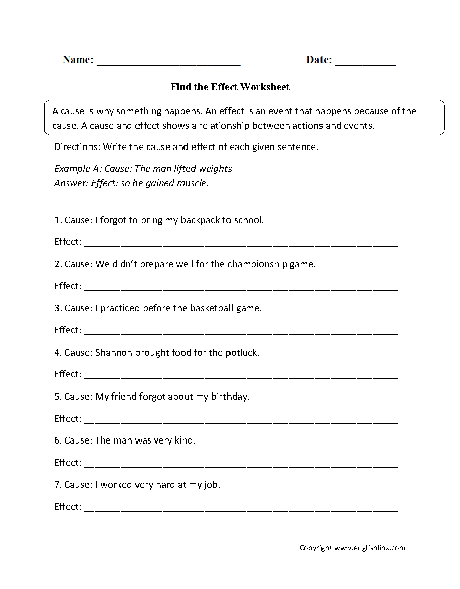 Find the Effect Cause and Effect Worksheets