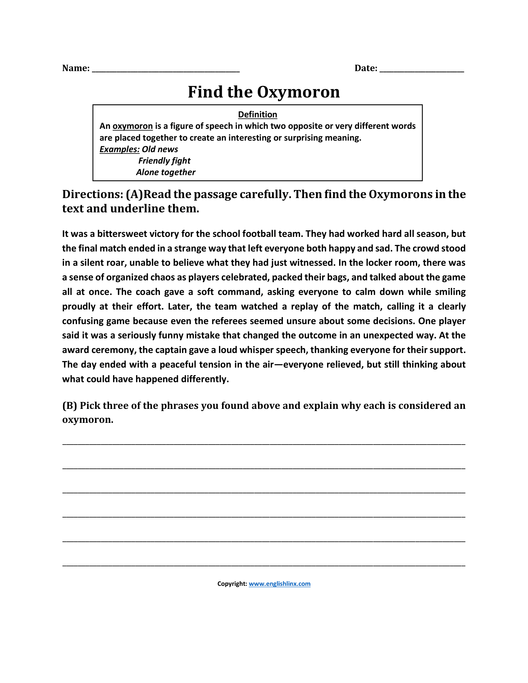 Find the Oxymoron Worksheets