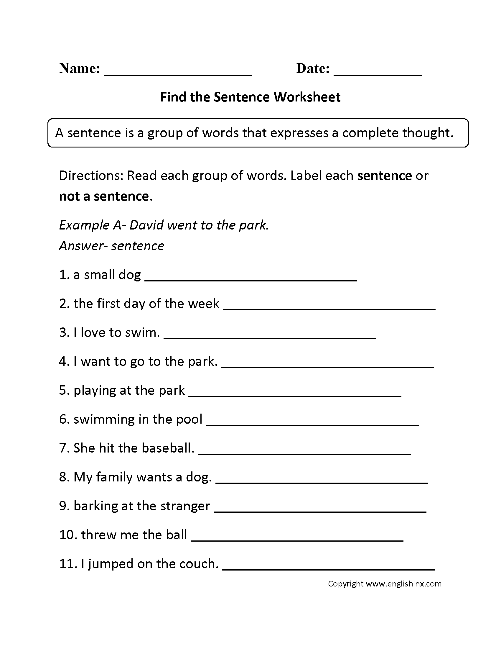 Find the Sentence Worksheet