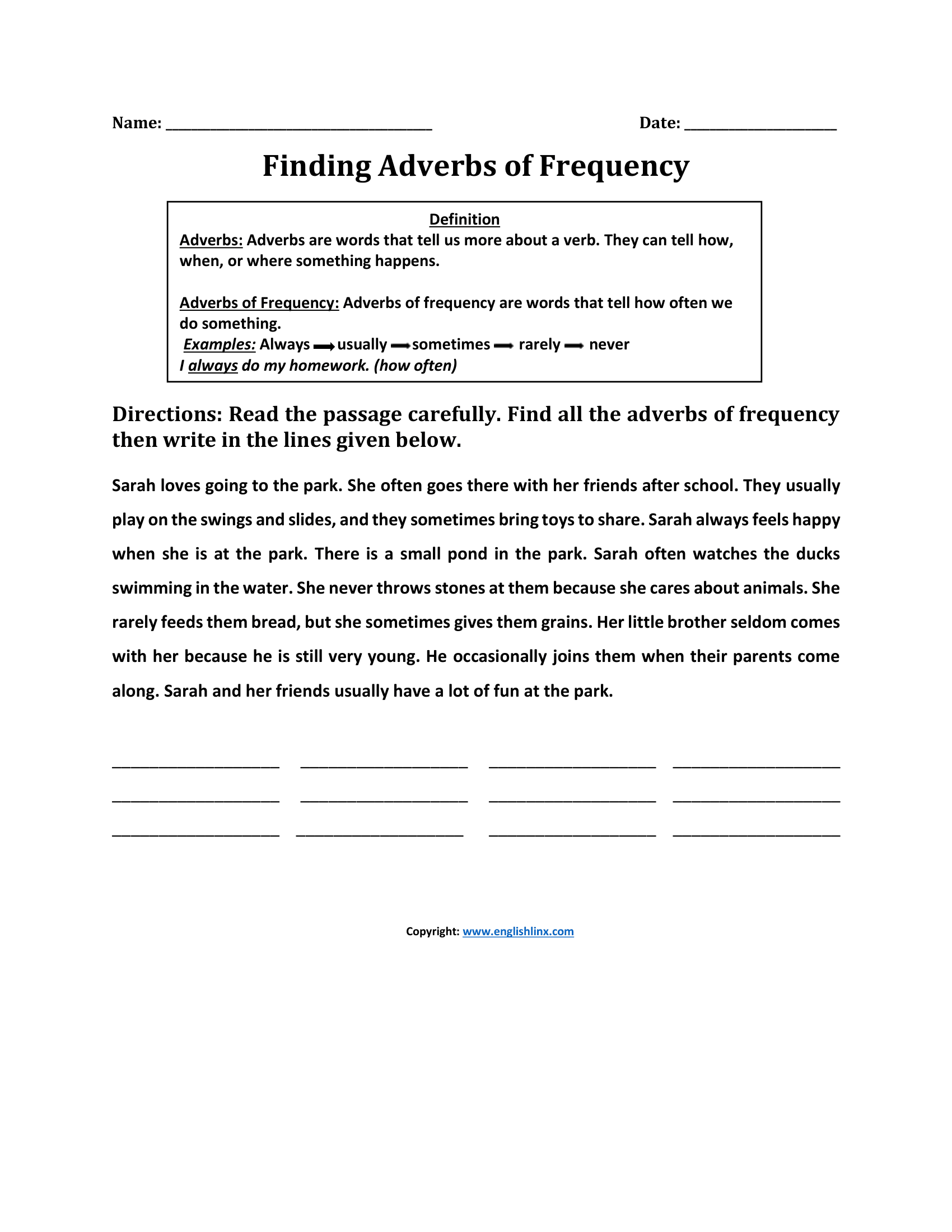 Finding Adverbs of Frequency Worksheets