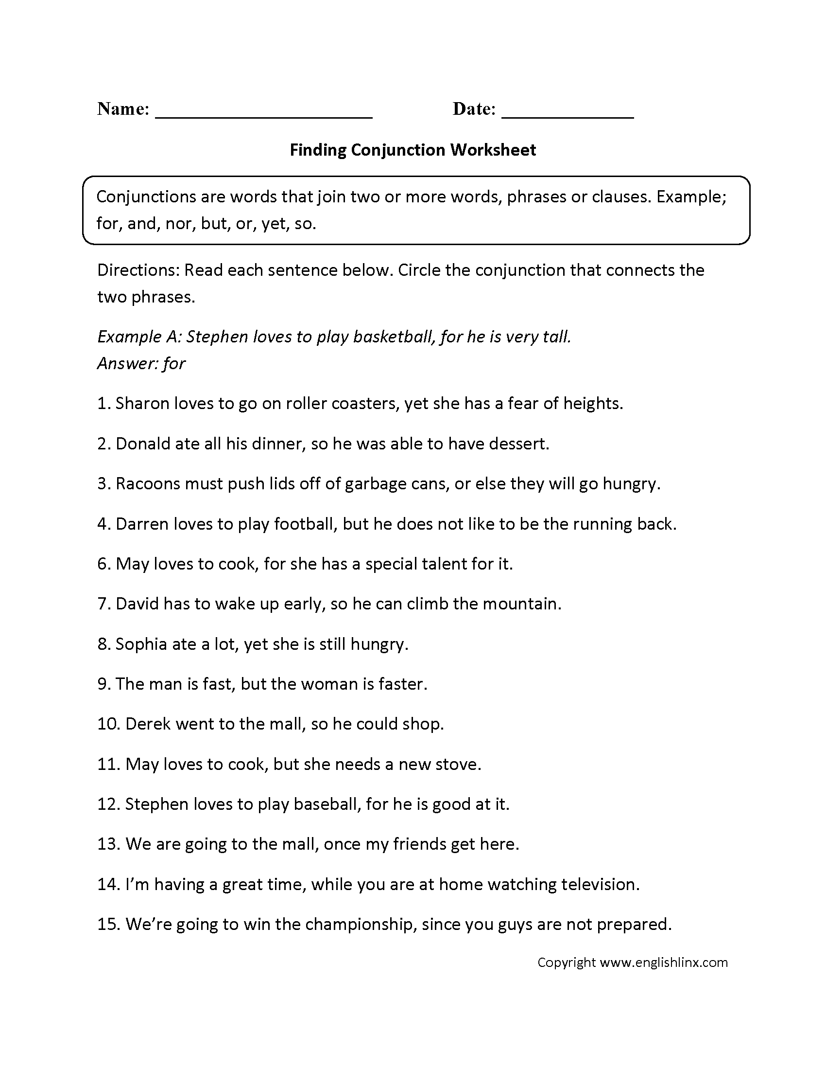 Finding Conjunction Worksheets