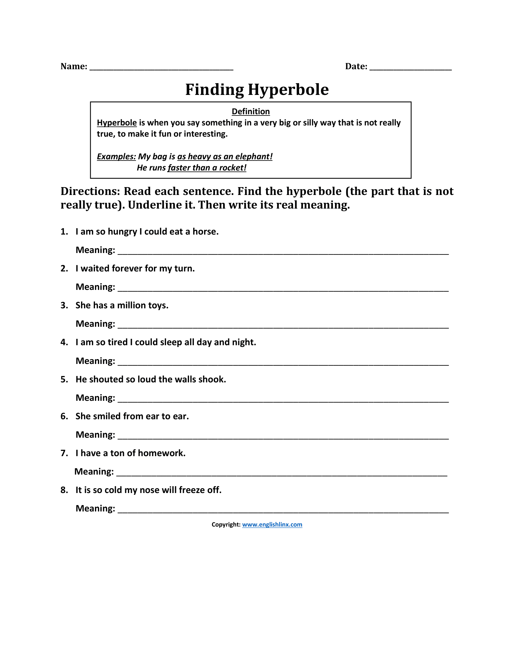 Finding Hyperbole Worksheets