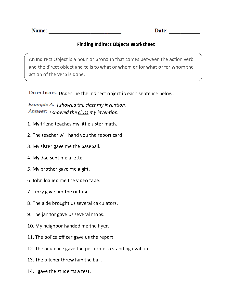 Finding Indirect Objects Worksheet