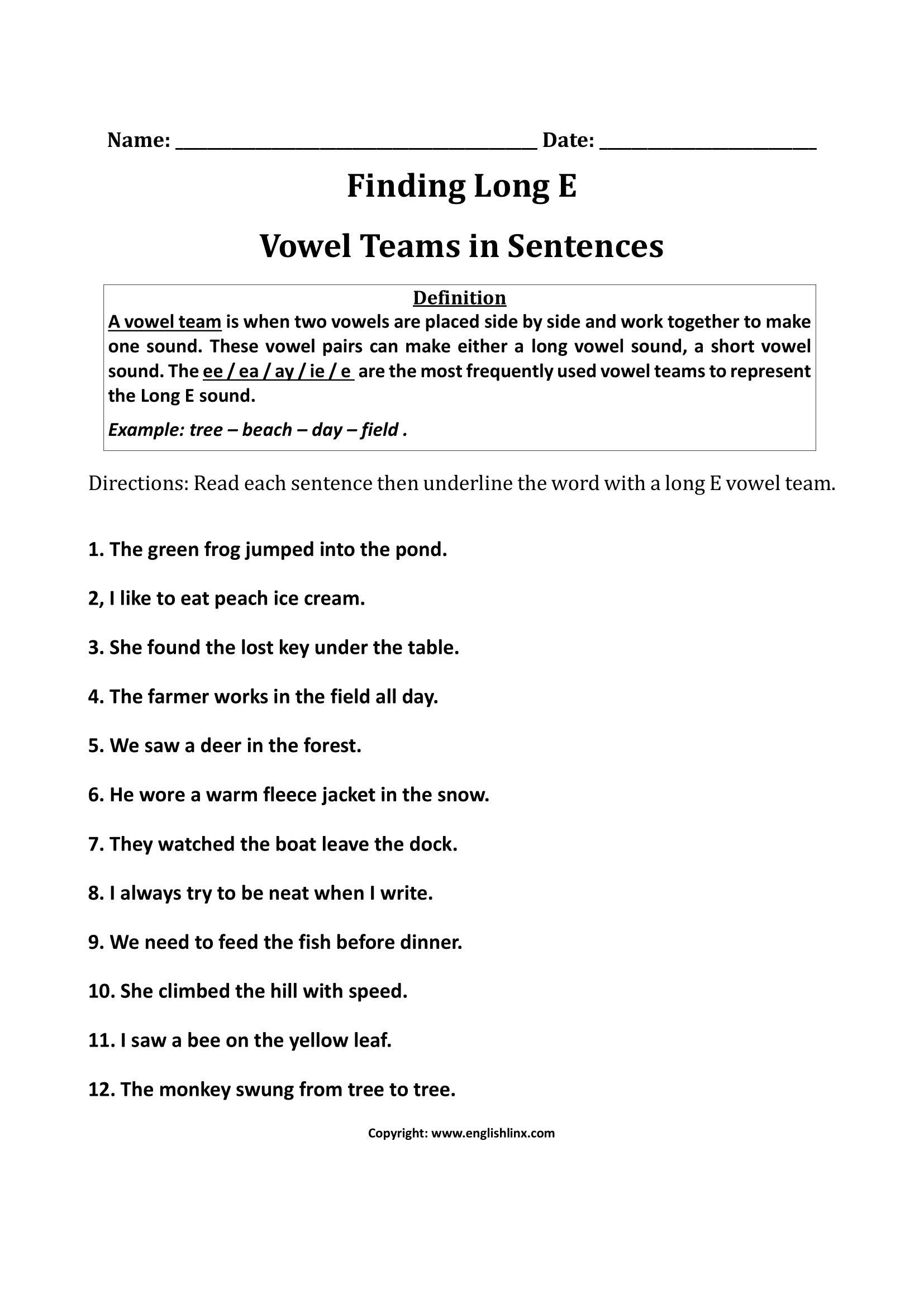 Finding Long E Vowels Worksheets