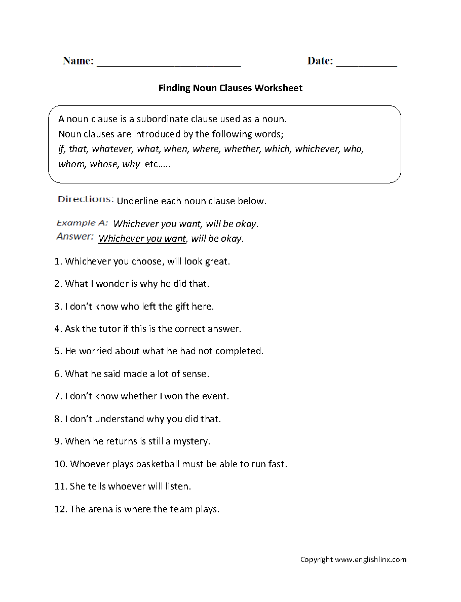 Clauses Worksheets  Finding Noun Clauses Worksheet Throughout Phrase And Clause Worksheet