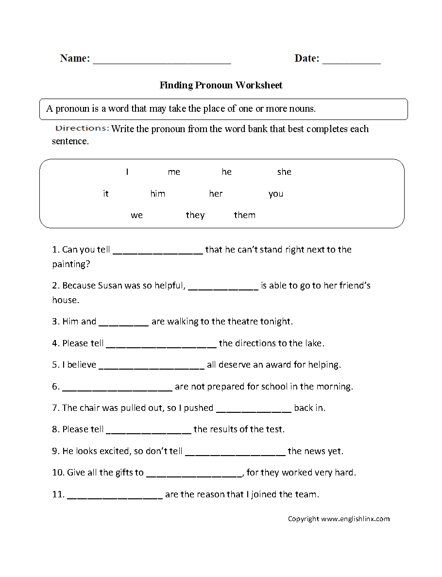 Finding Pronoun Worksheet