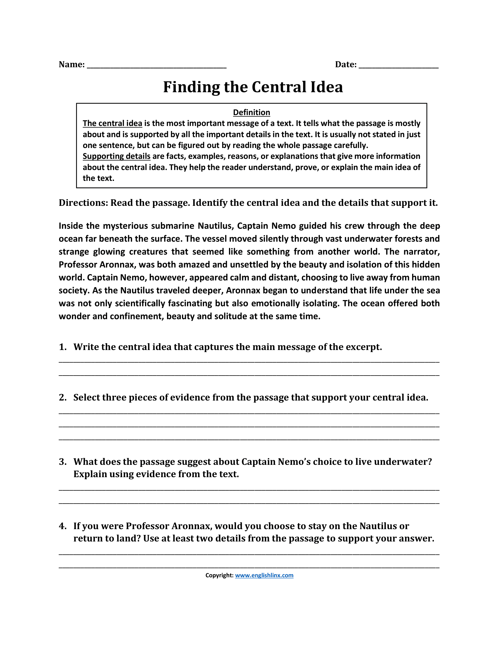Fun Finding Central Idea Worksheets