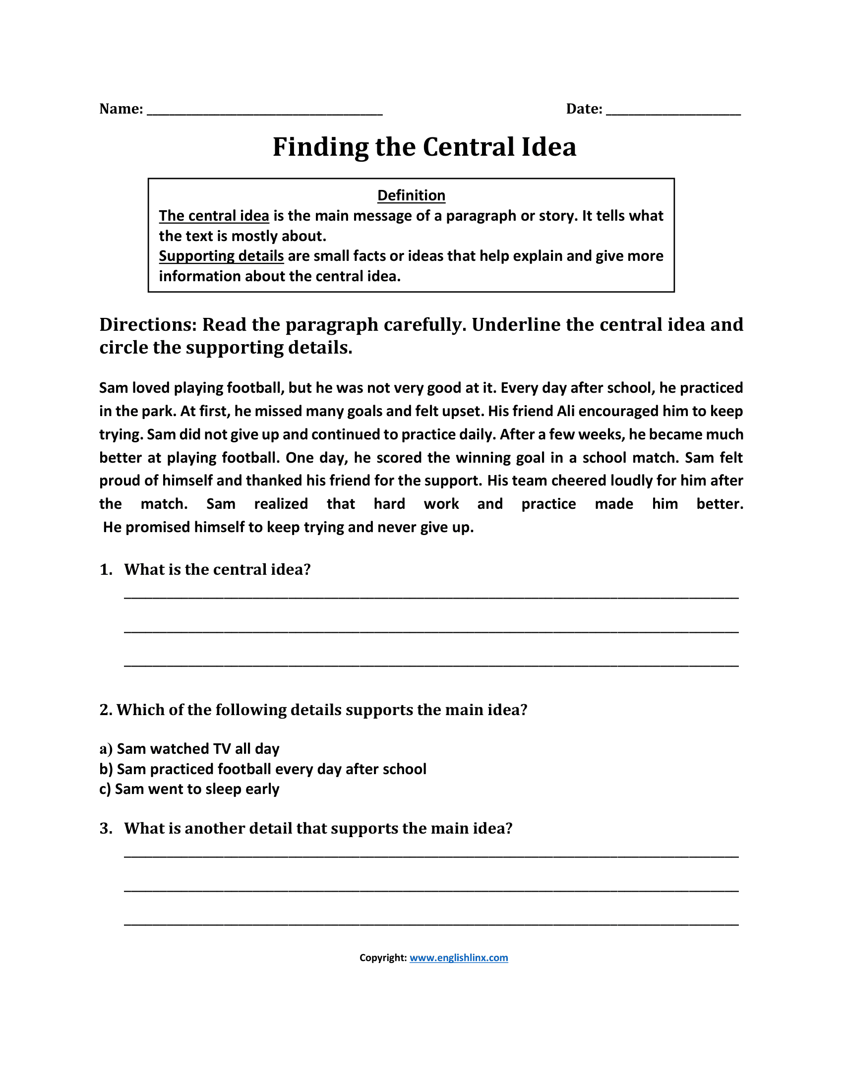 Finding Central Idea Worksheets
