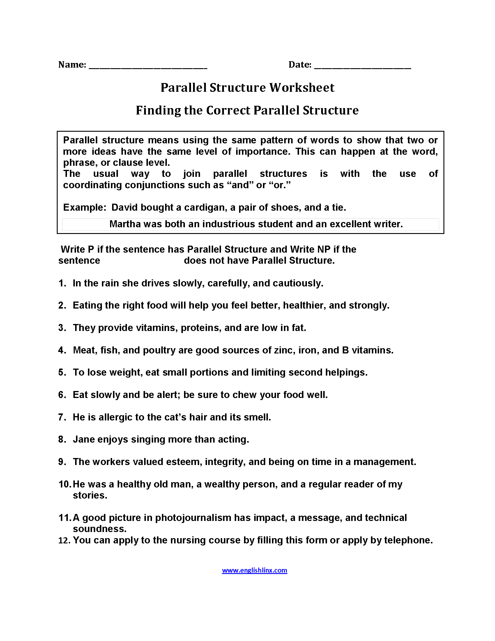 Finding Parallel Structure Worksheets