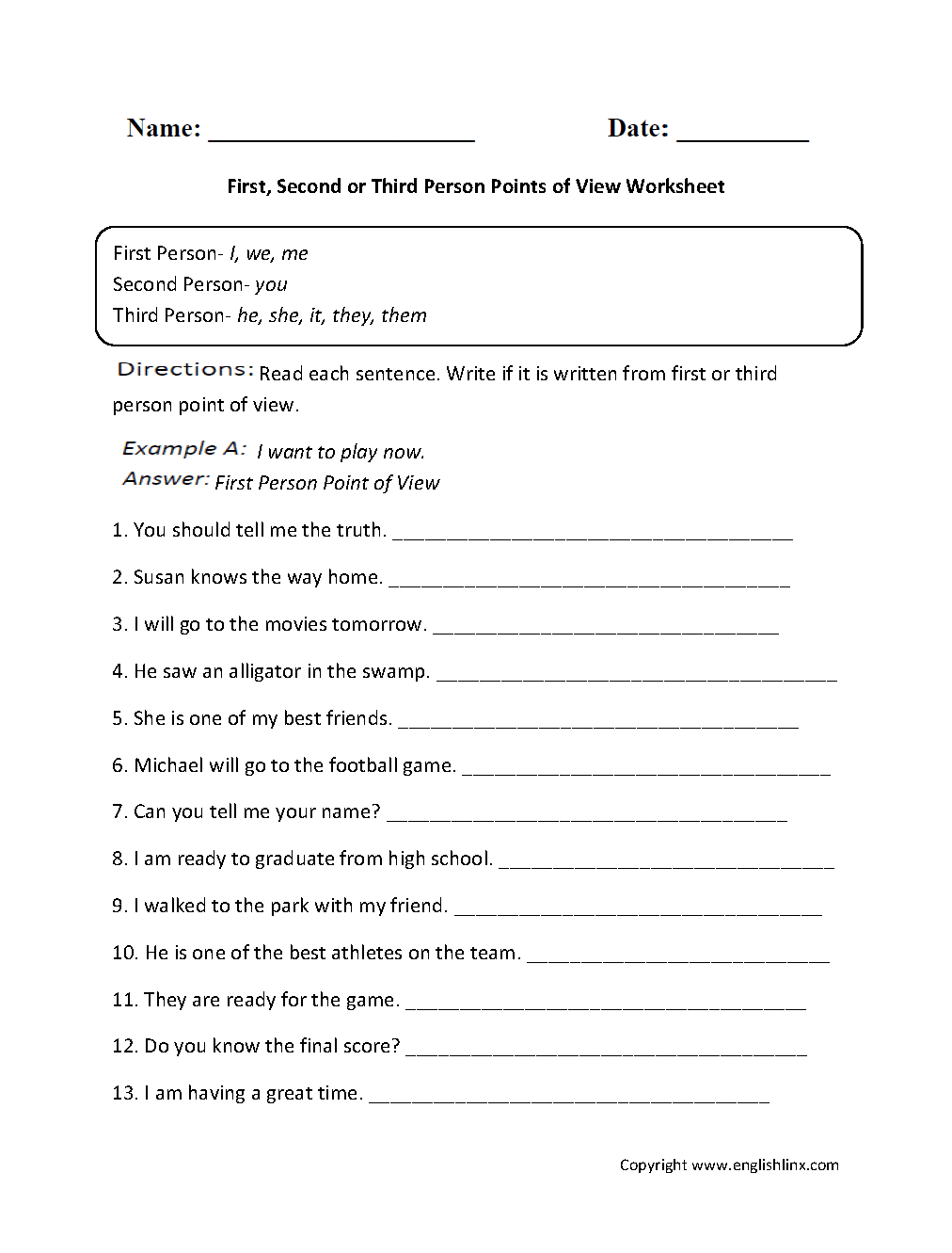 First, Second or Third Person Points of View Worksheet