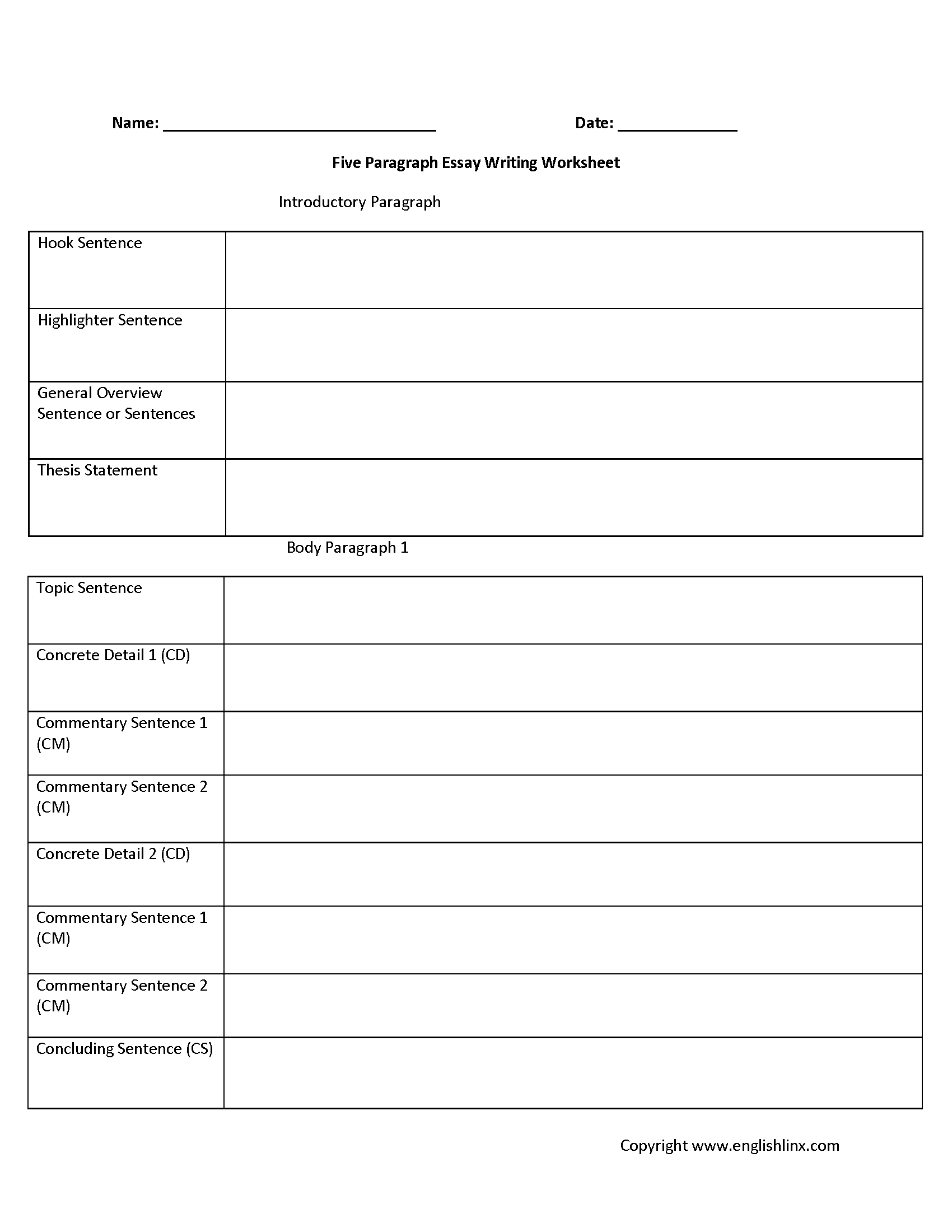 Five Paragraph Graphic Organizers Worksheets