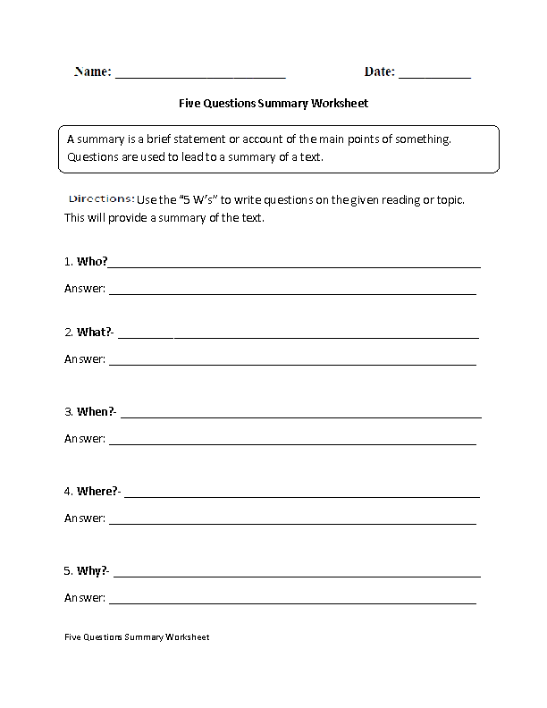 Five Questions Summary Worksheet