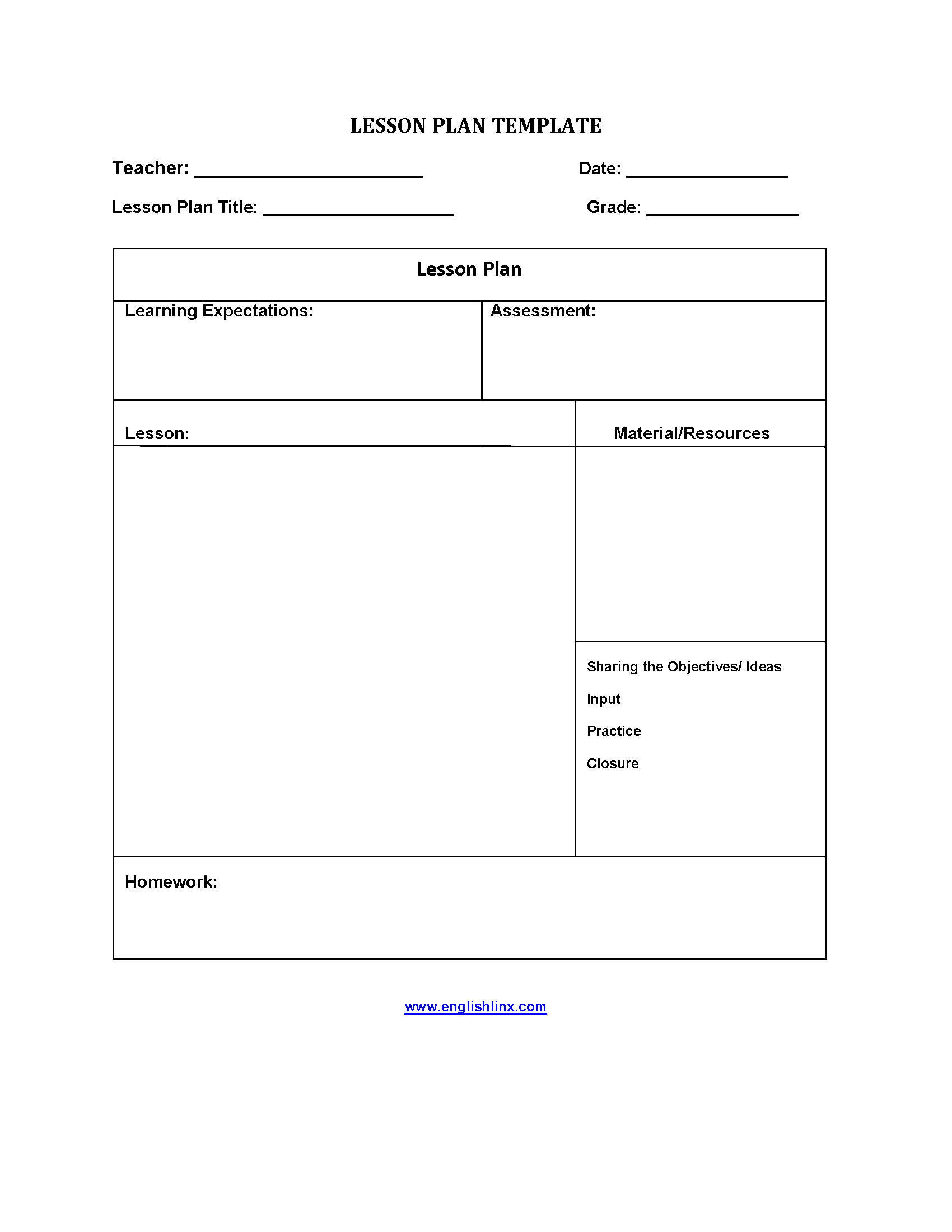 Five Step Lesson Plan Template
