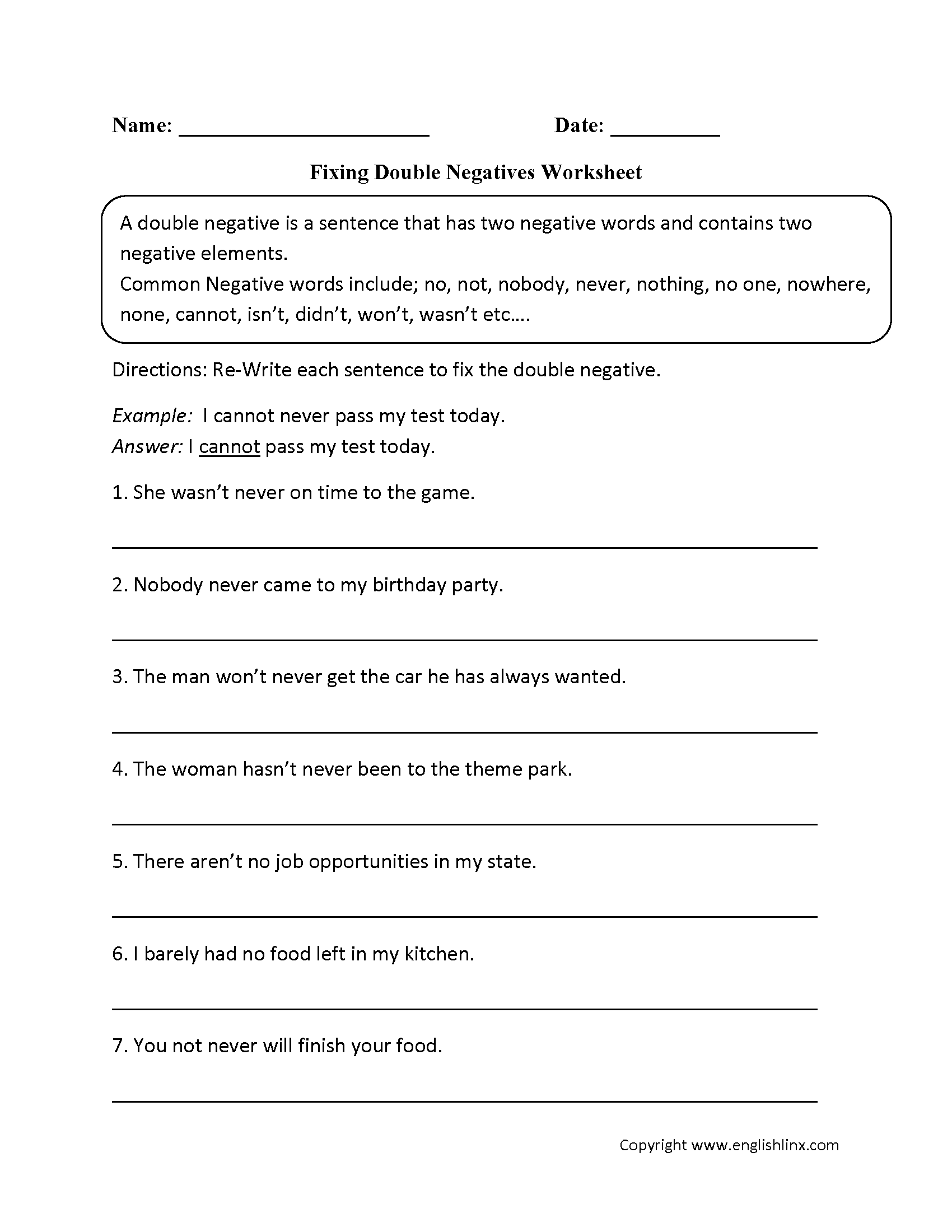 Fixing Double Negatives Worksheet