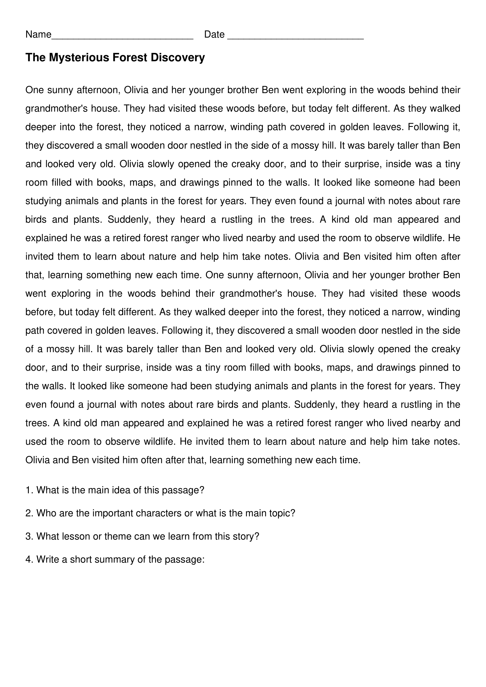 The Forest Discovery 4th Grade Reading Comprehension Worksheets