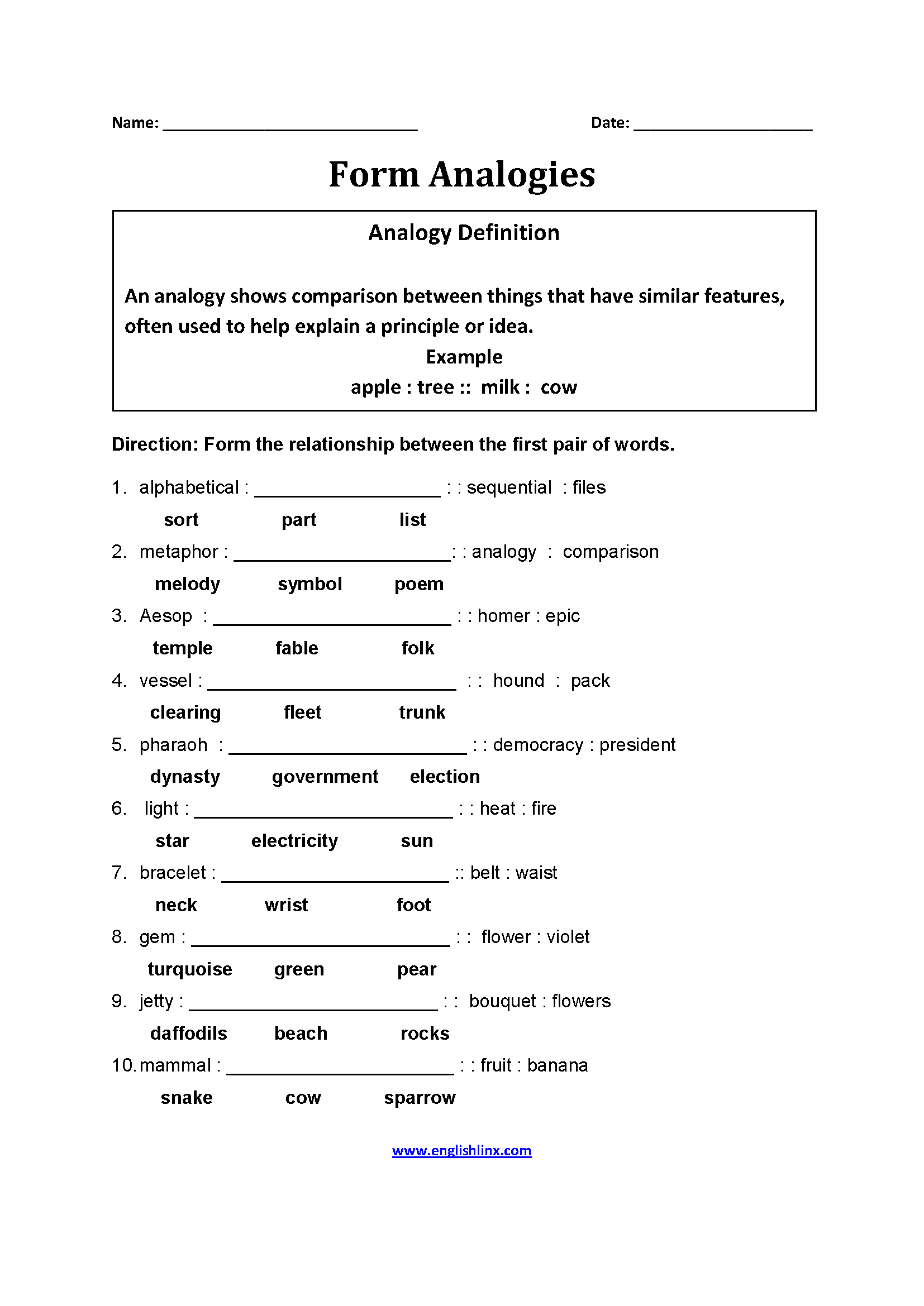 Form Analogy Worksheets