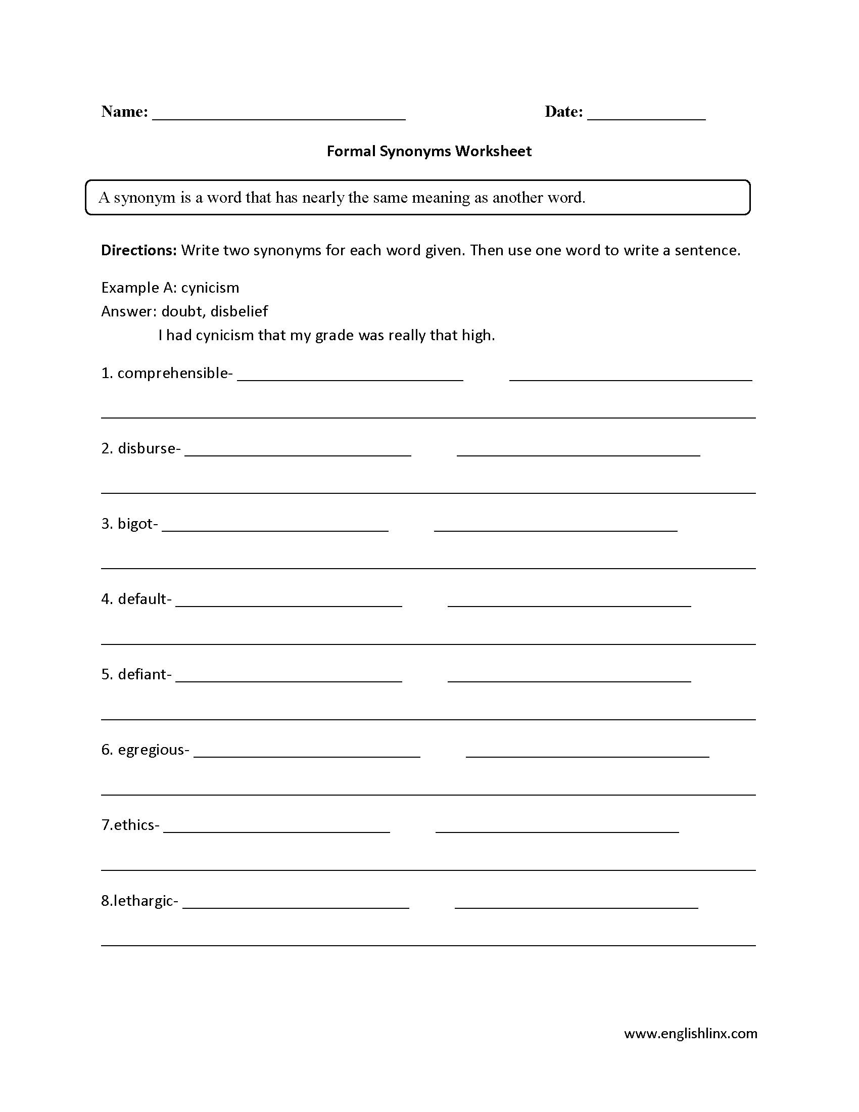 Formal Synonyms Worksheets
