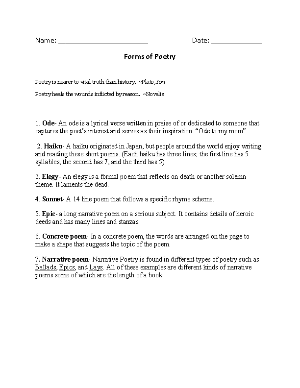Poetry Worksheets Forms Of Poetry Worksheet