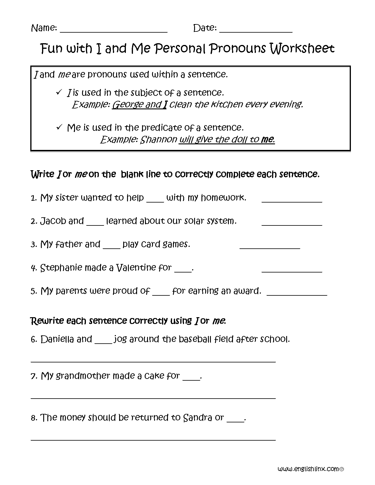 Fun I or Me Personal Pronouns Worksheets