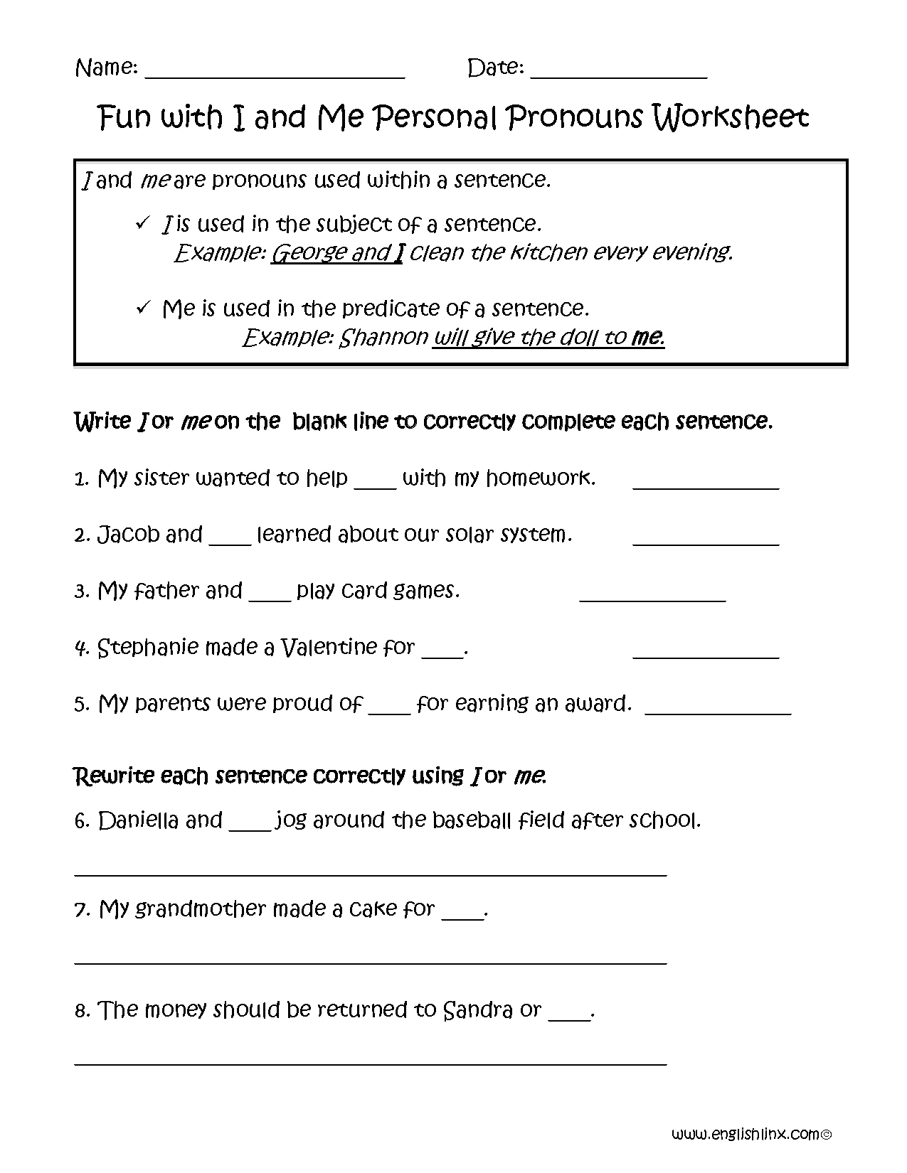 Personal Pronouns Worksheets  Fun  with I or Me Personal Pronouns With Regard To I Vs Me Worksheet