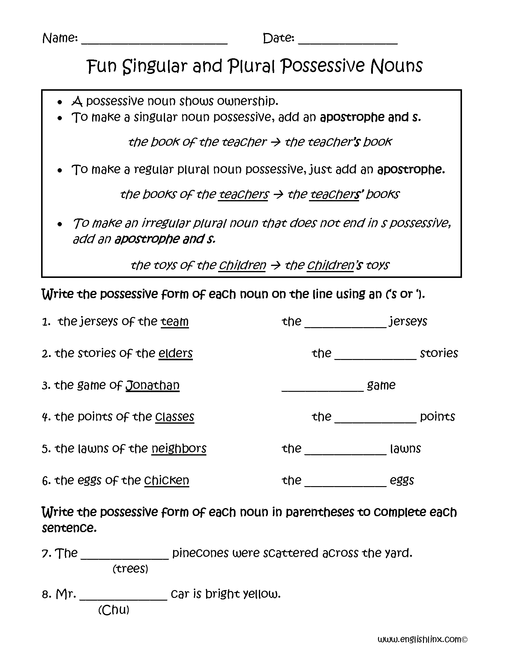 Singular And Plural Possessive Apostrophe Worksheet