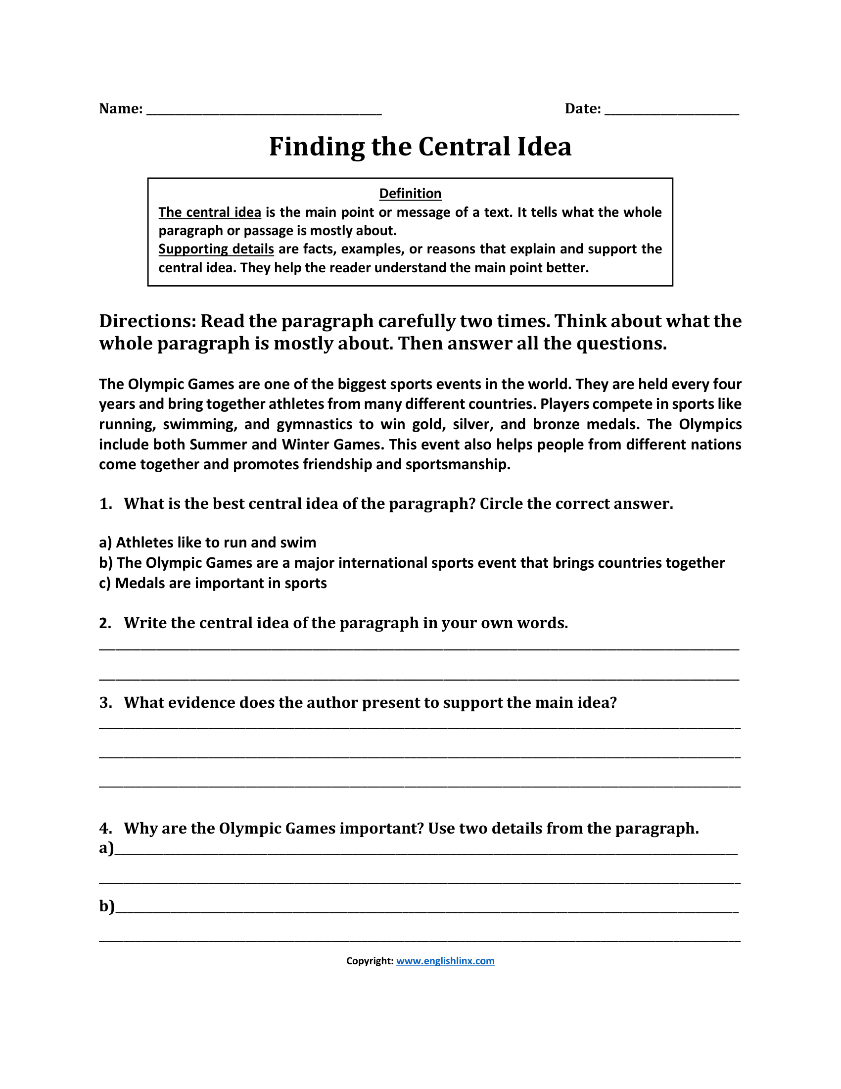 Fun with Central Idea Worksheets