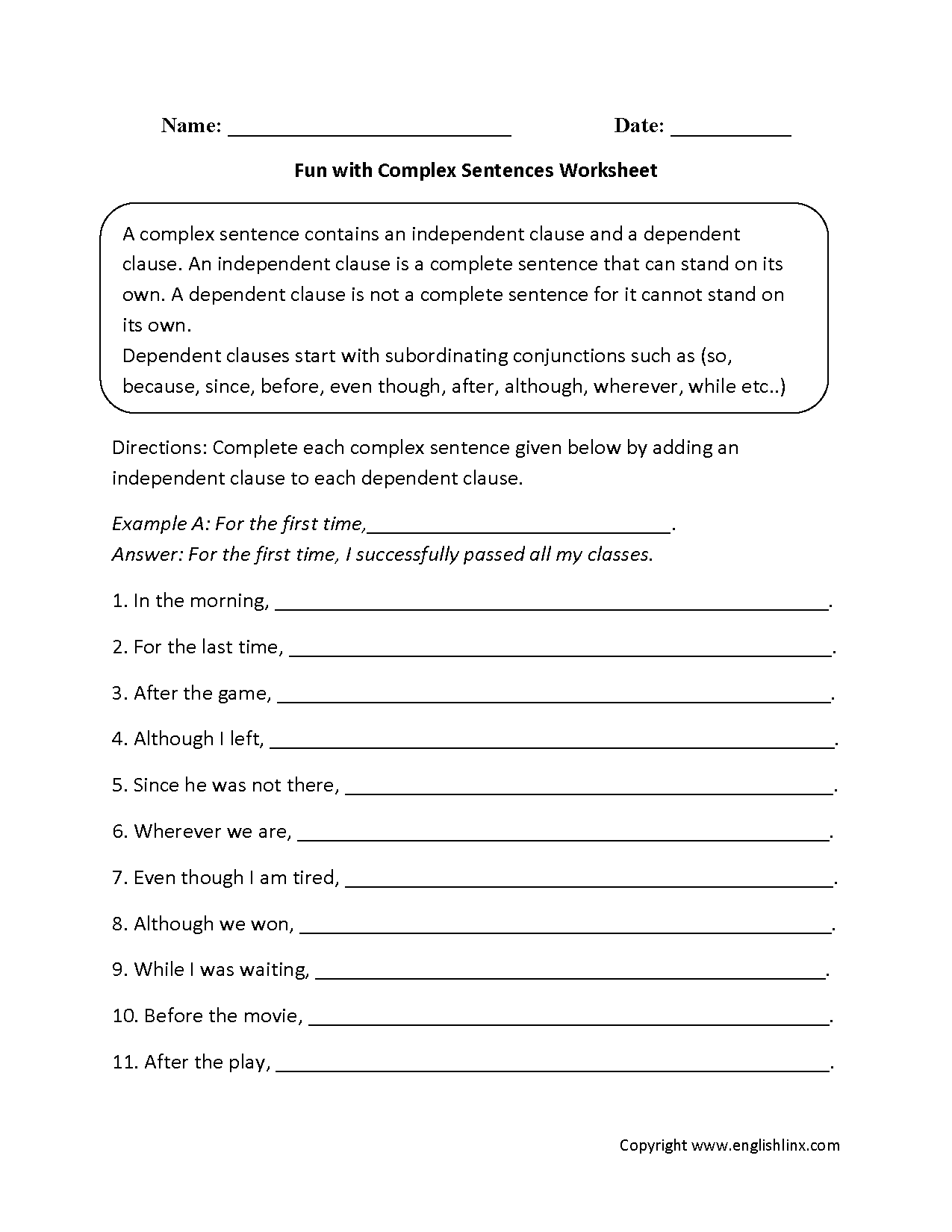 Fun with Complex Sentences Worksheet