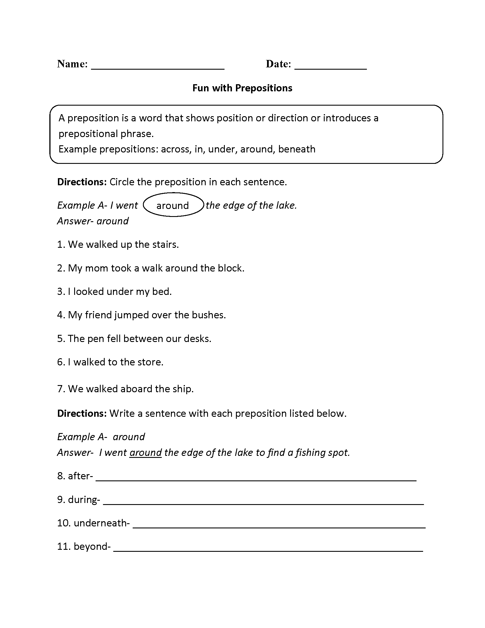 Parts Of A Sentence Worksheets Prepositional Phrase Worksheets