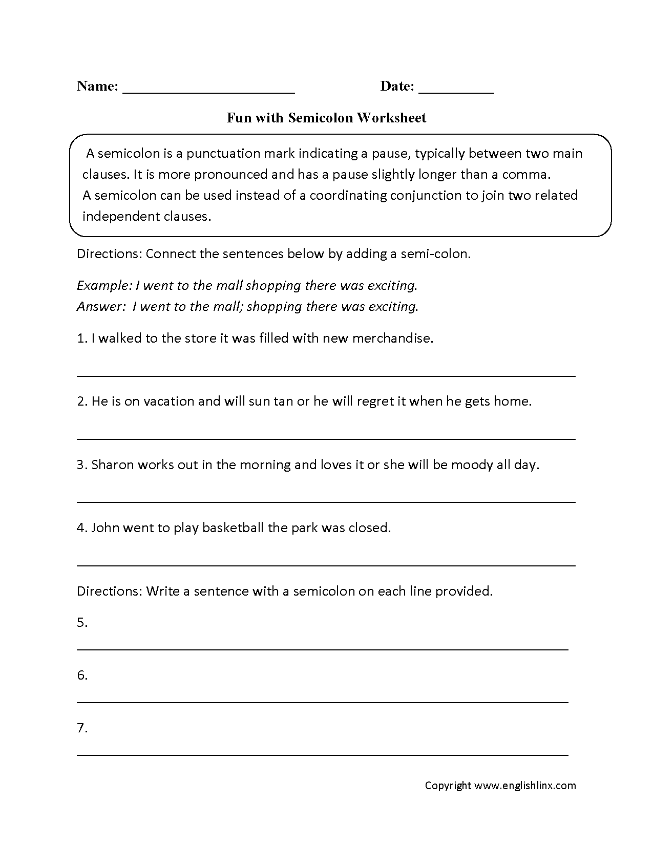 Punctuation Worksheets Semicolon Worksheets