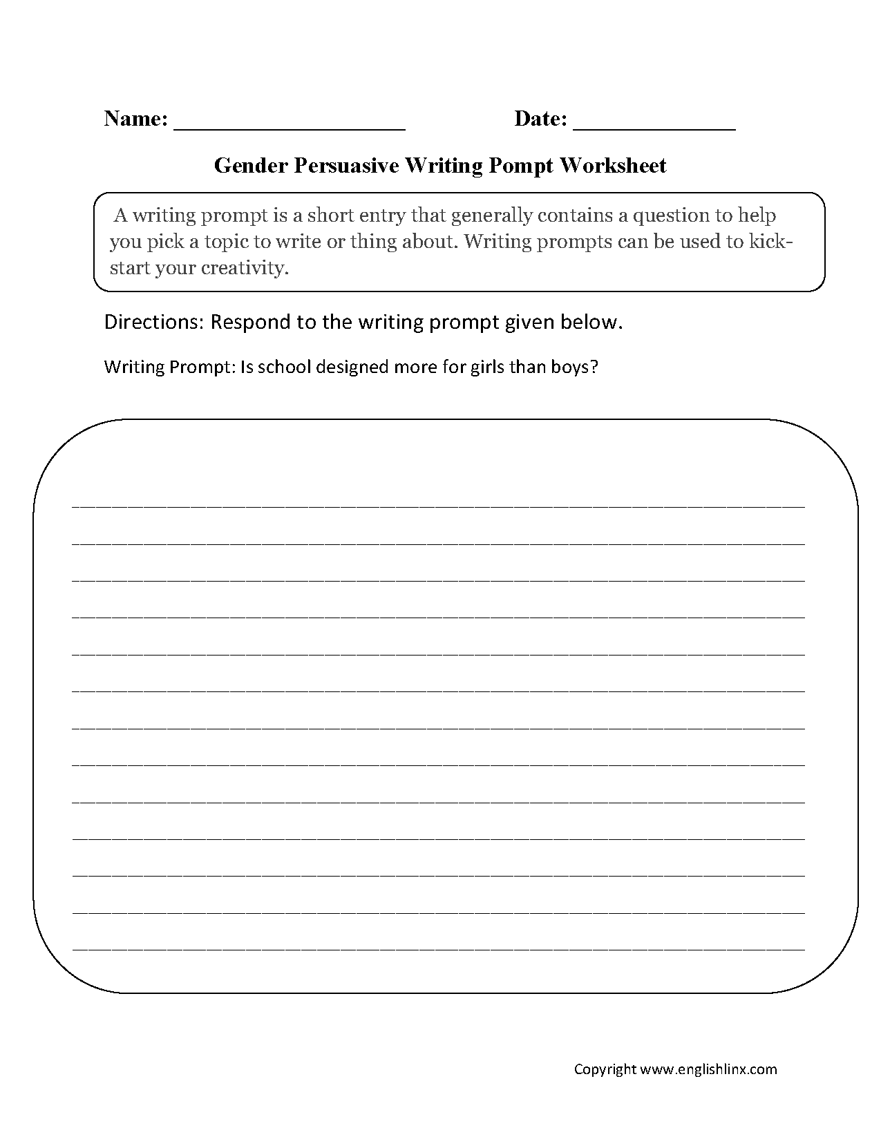 Gender Persuasive Writing Prompt Worksheets