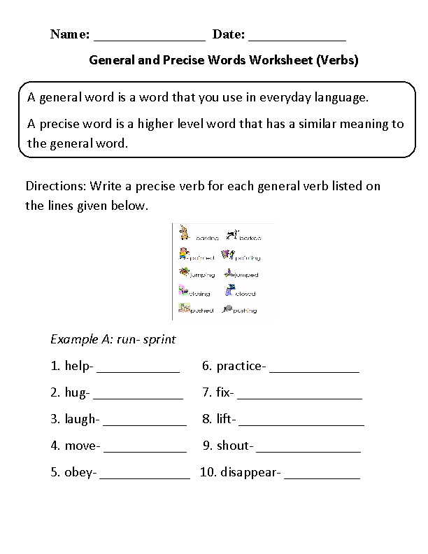 General and Precise Verbs Worksheets