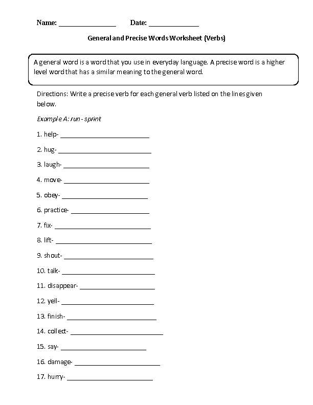 Practicing General and Precise Verbs Worksheet