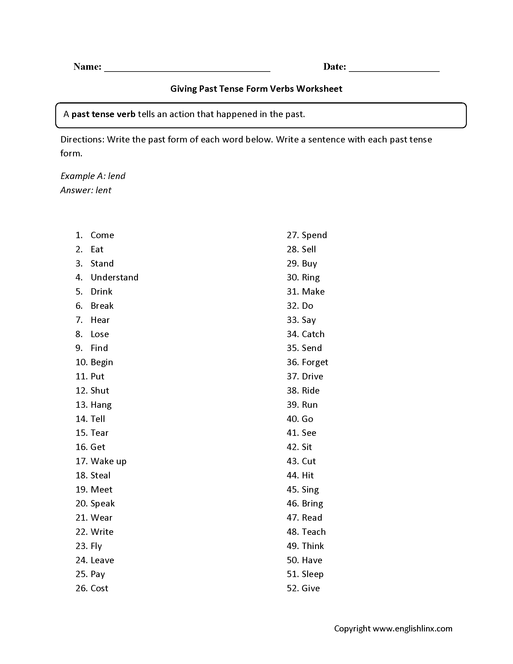 Give Past Tense Form Verbs Worksheet