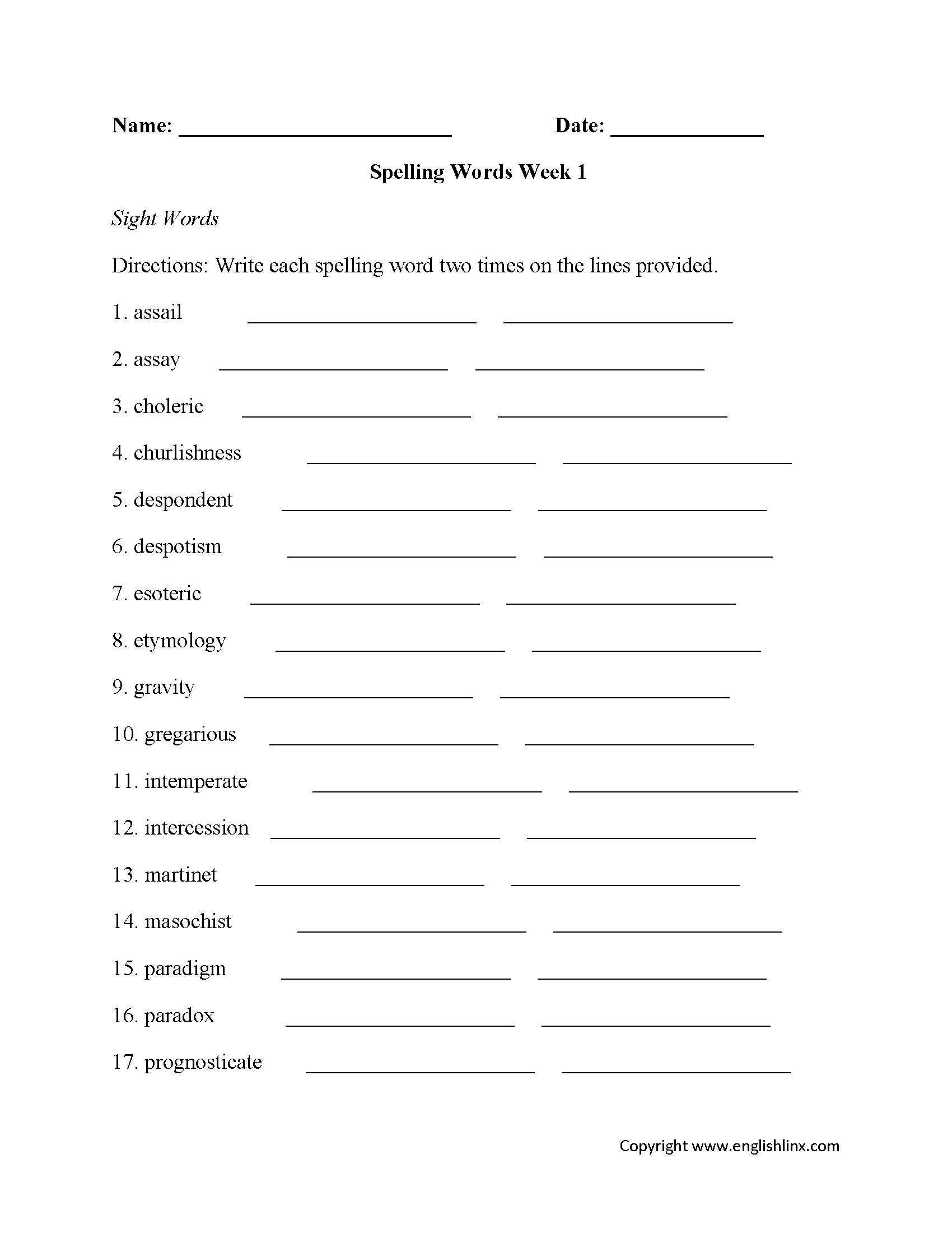 Week 1 High School Spelling Worksheets