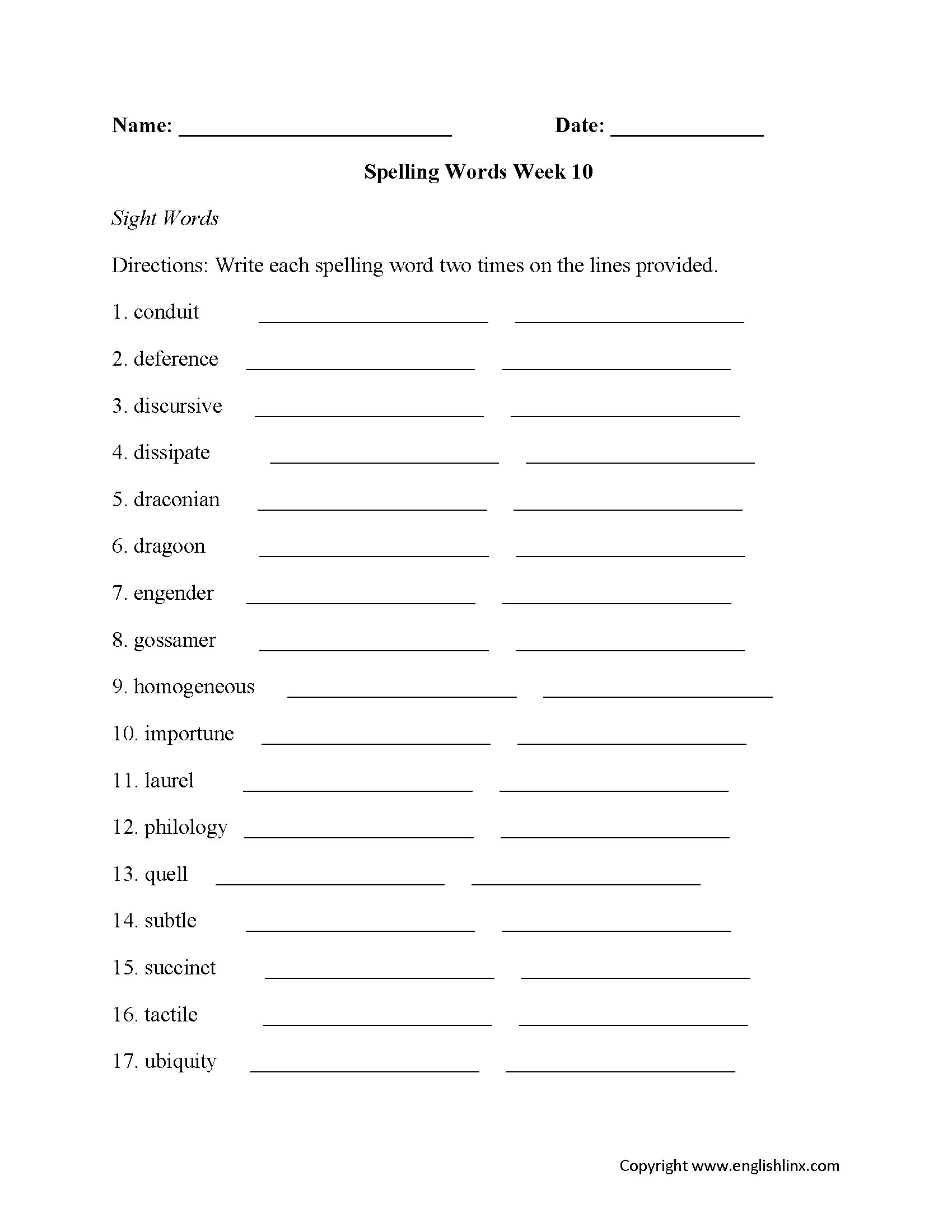 Week 10 High School Spelling Worksheets