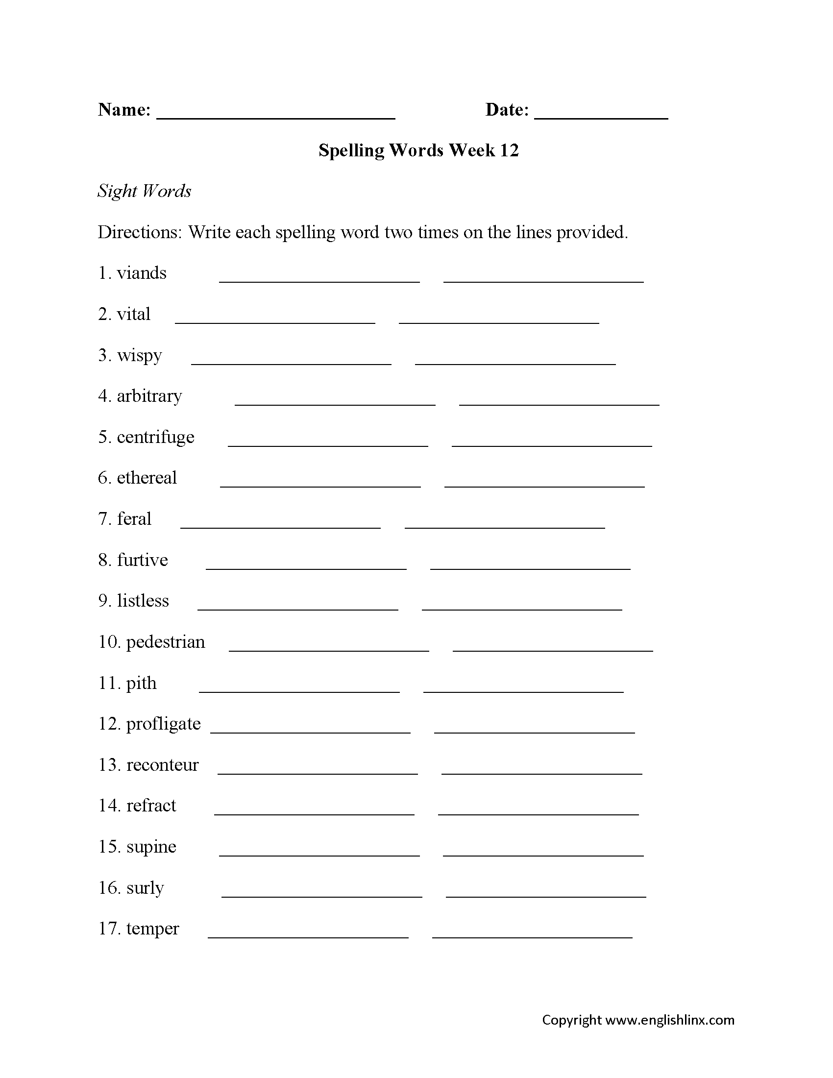 Week 12 High School Spelling Worksheets