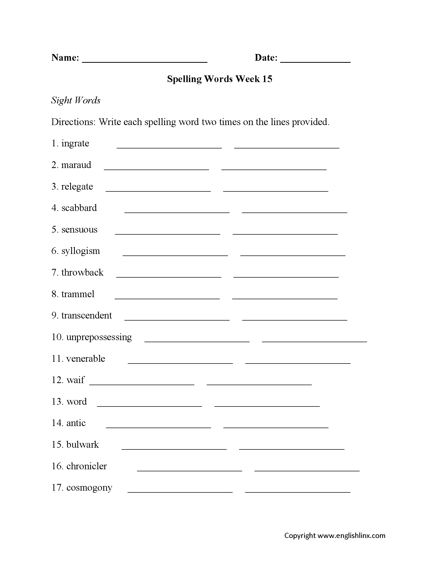 Week 15 High School Spelling Worksheets