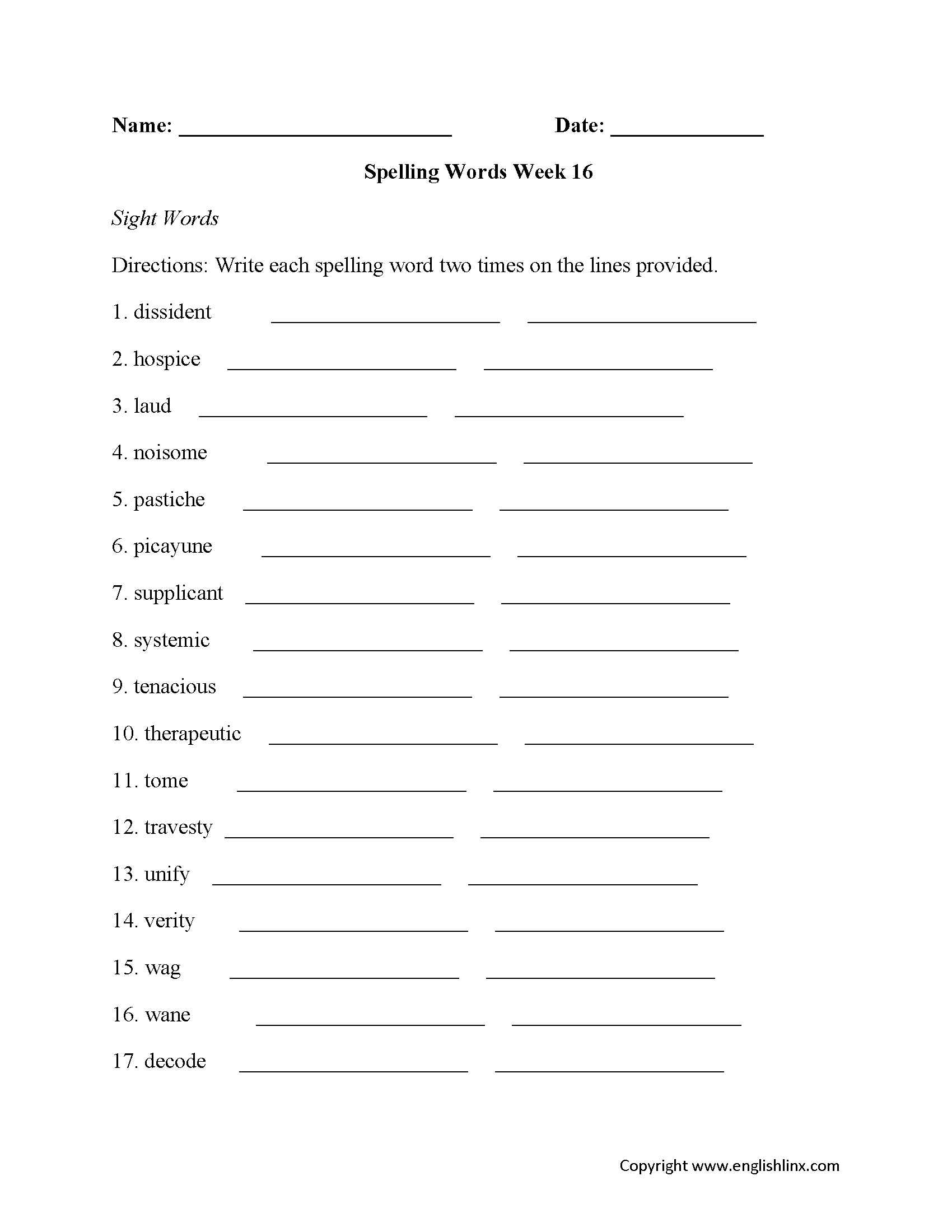 Week 16 High School Spelling Worksheets