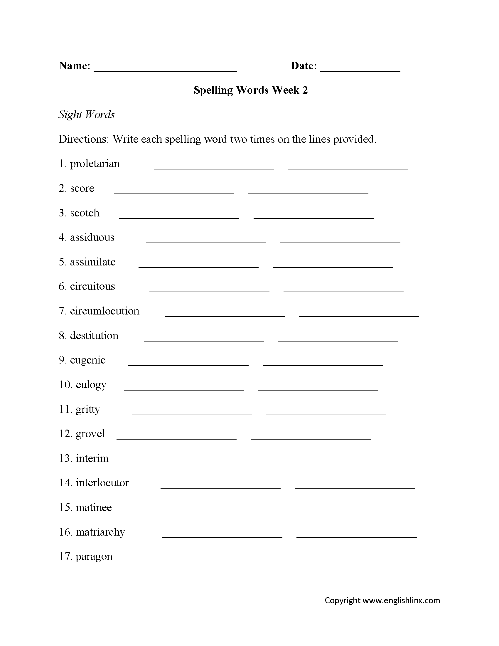 Week 2 High School Spelling Worksheets