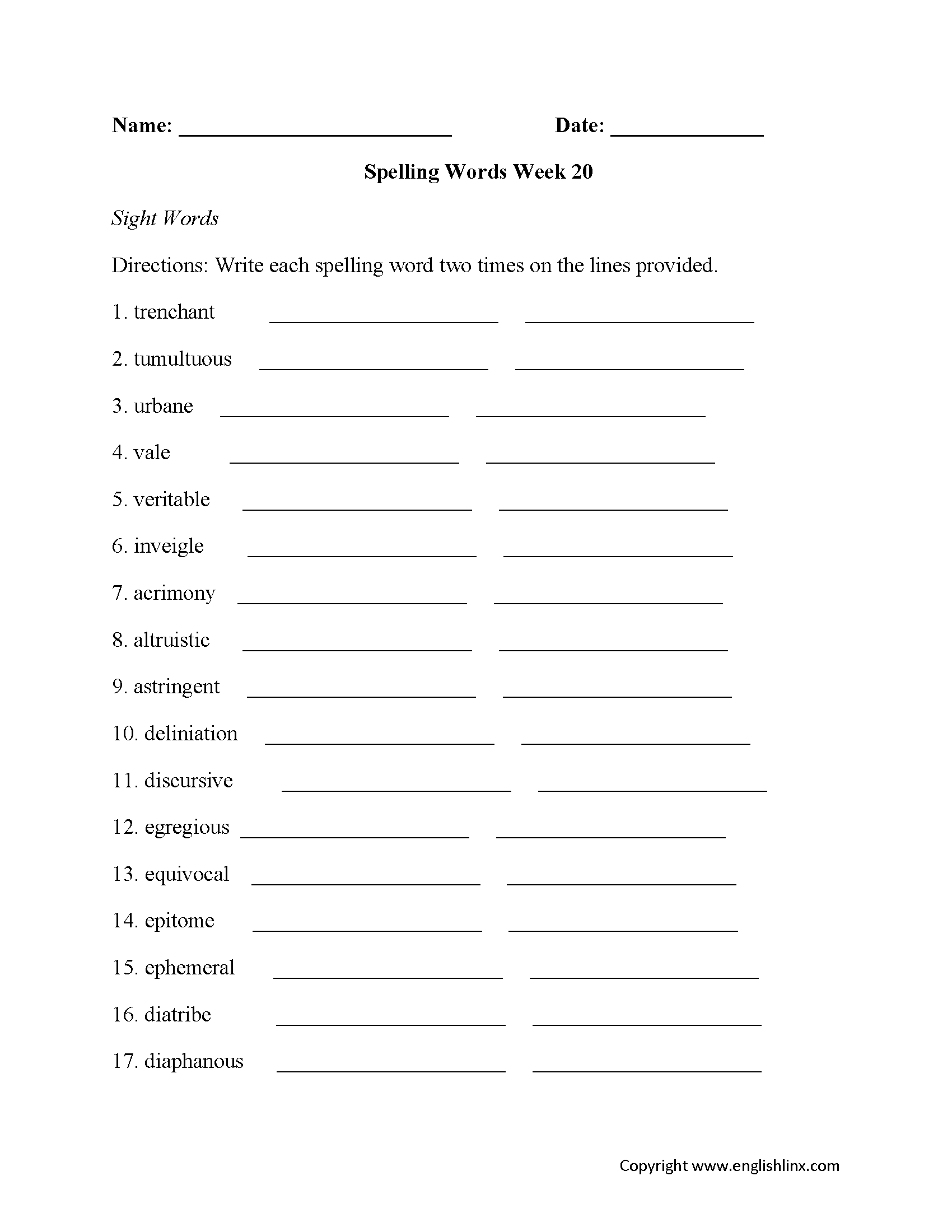 Week 20 High School Spelling Worksheets