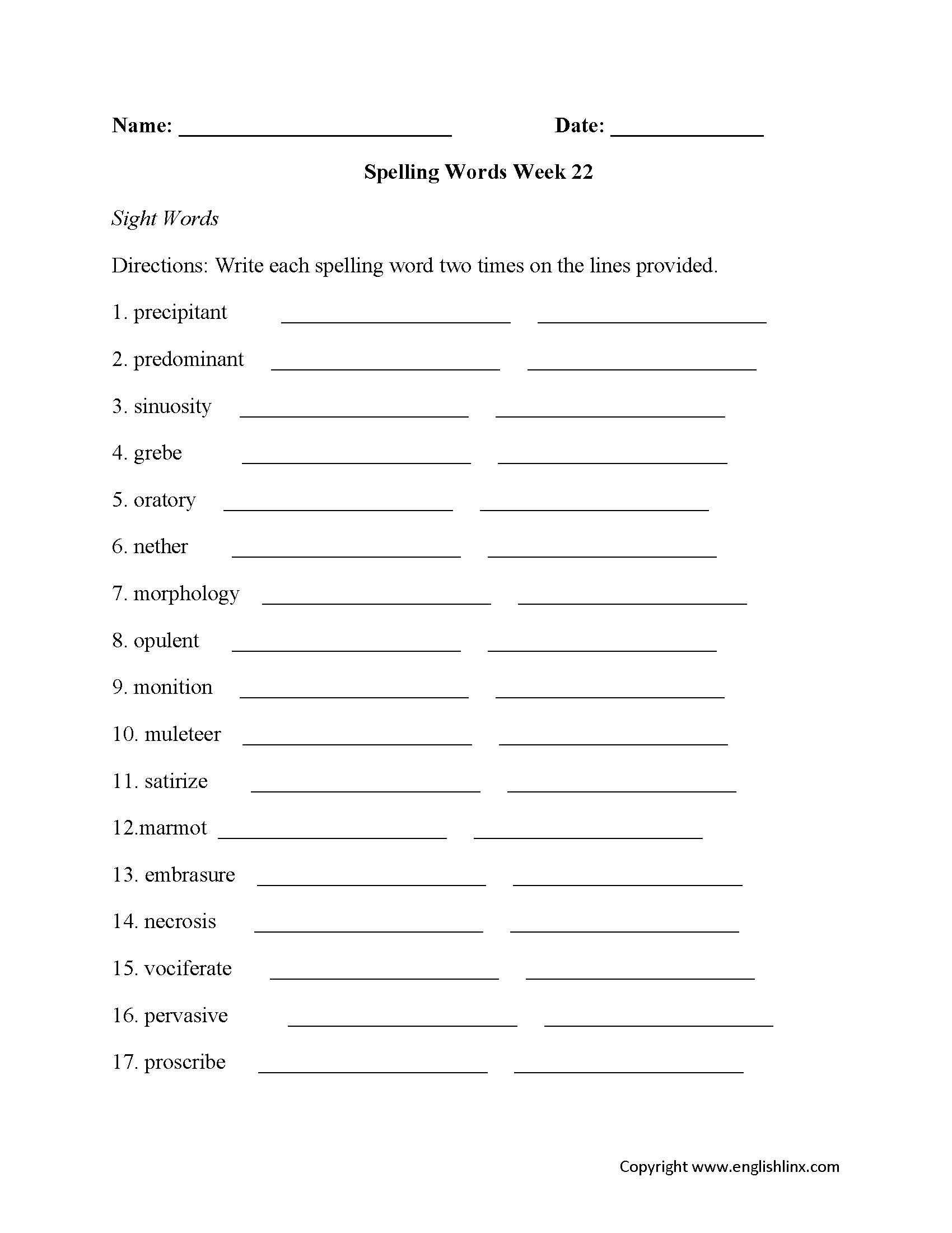 Week 22 High School Spelling Worksheets