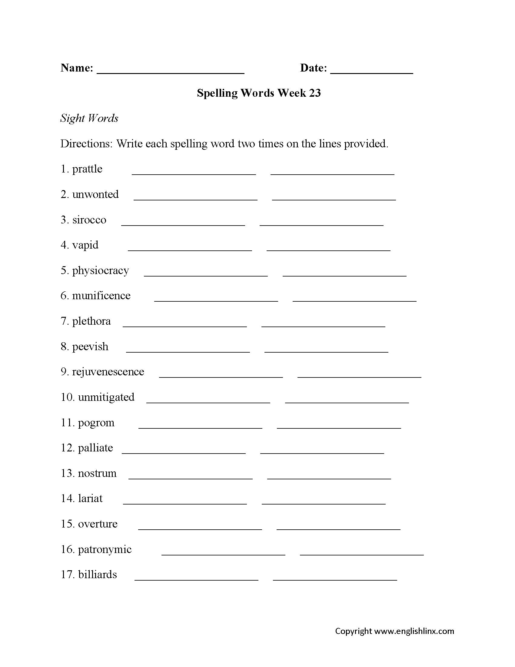 Week 23 High School Spelling Worksheets
