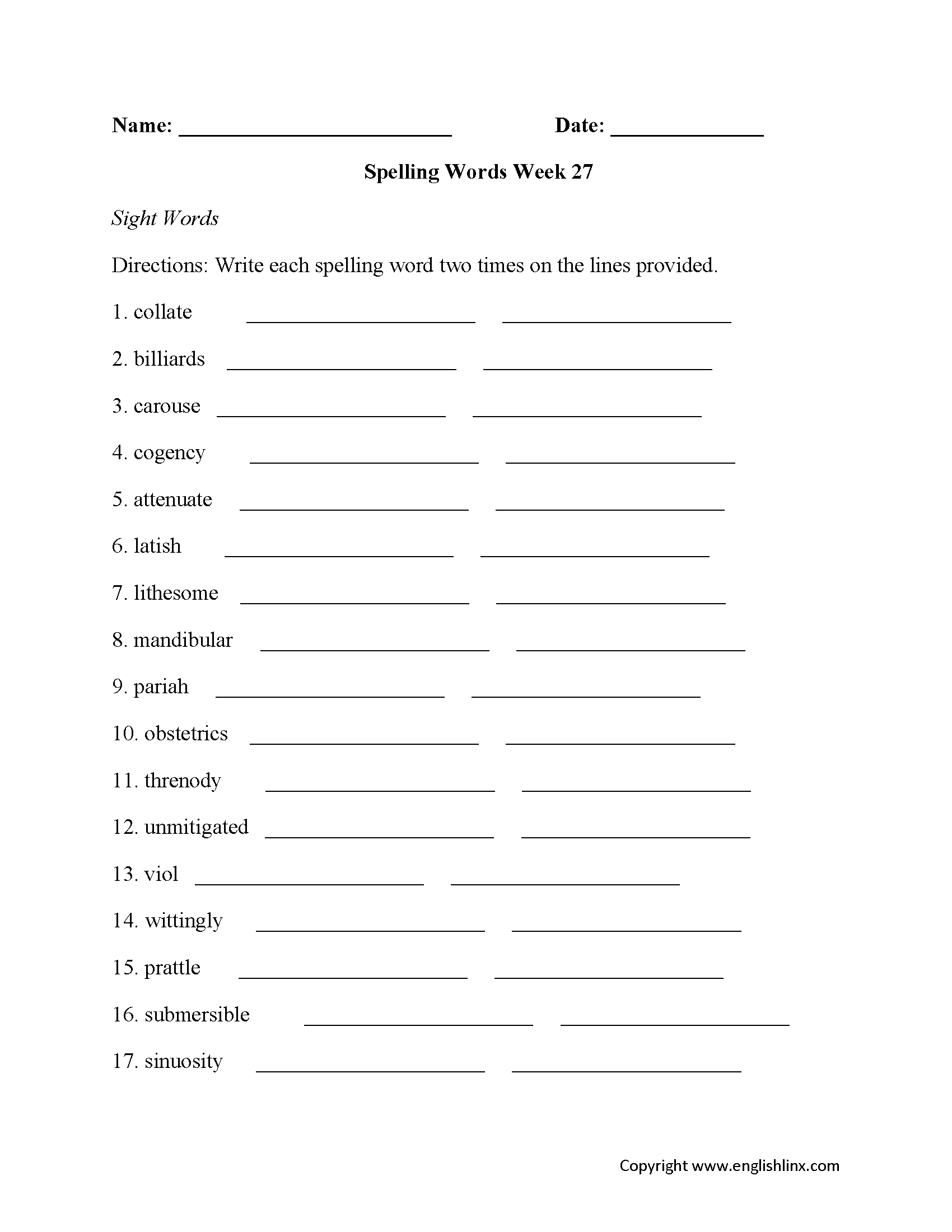 Week 27 High School Spelling Worksheets