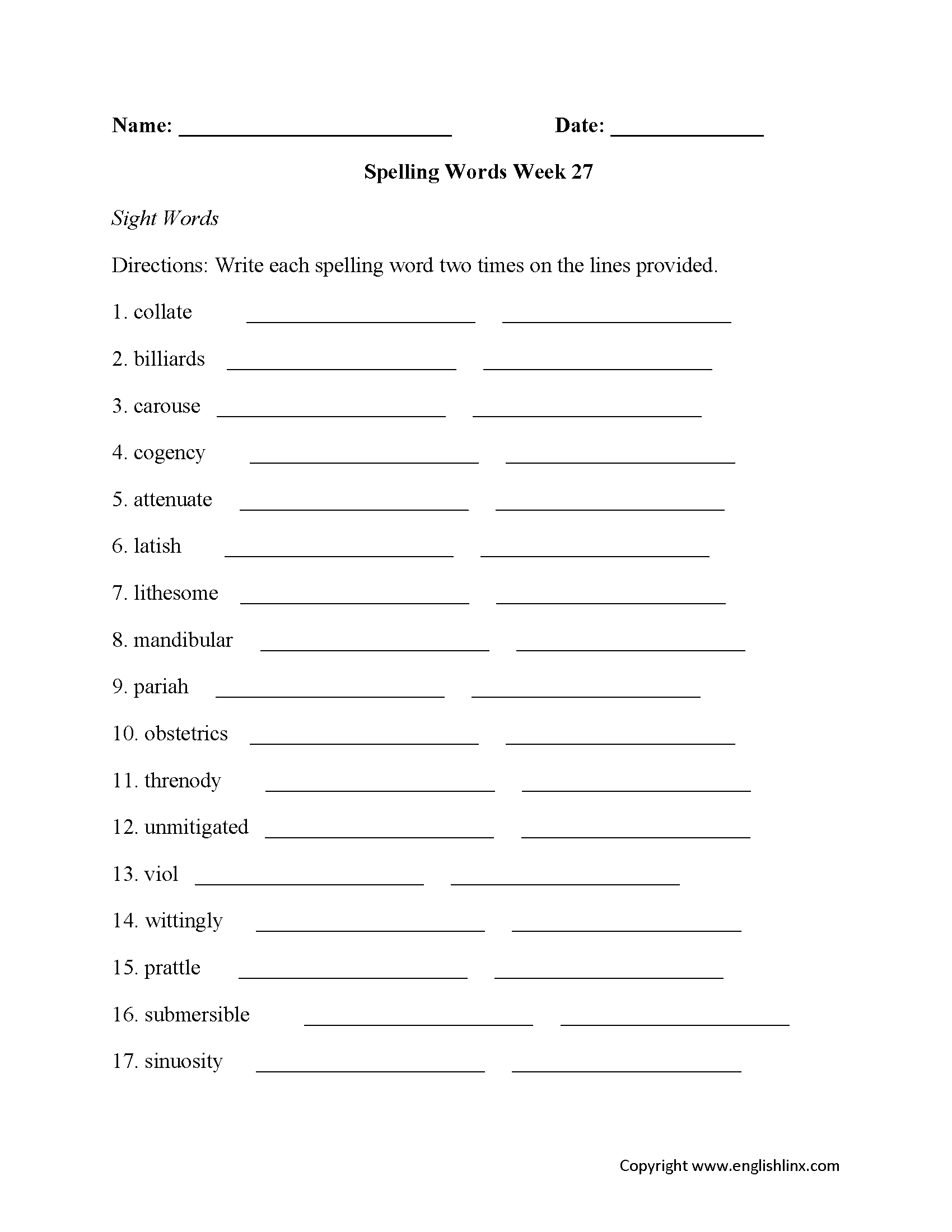 Spelling Worksheets | High School Spelling Worksheets