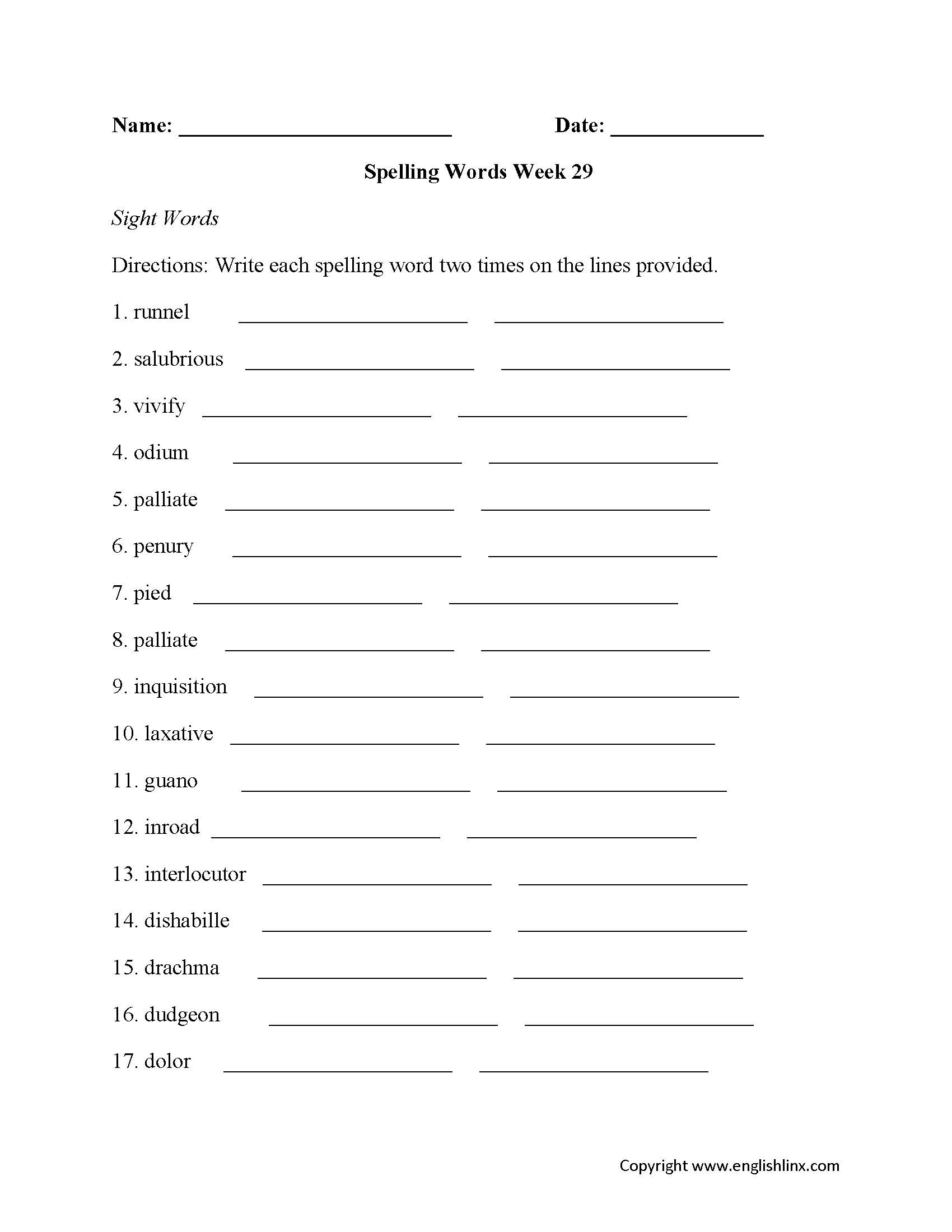 Week 29 High School Spelling Worksheets