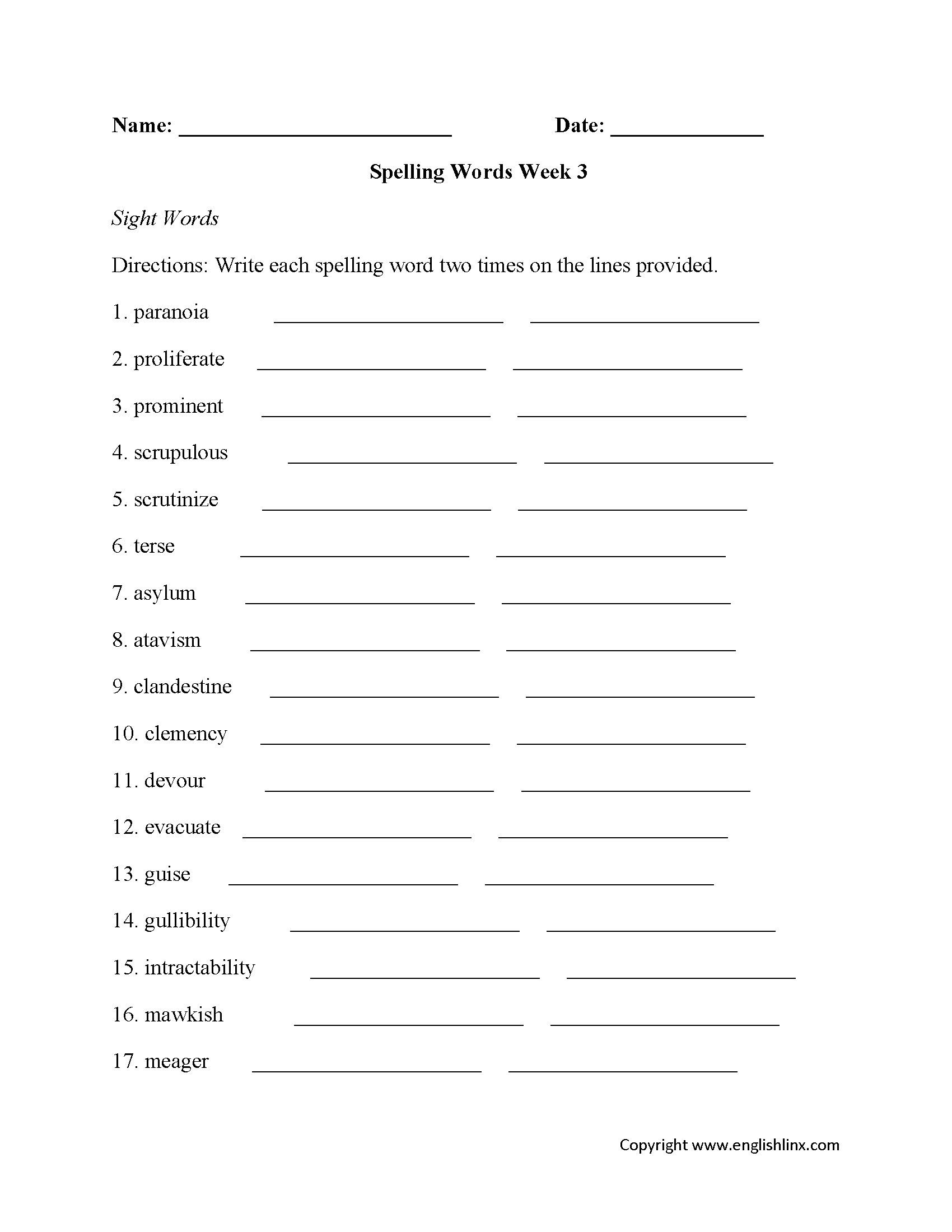 Week 3 High School Spelling Worksheets