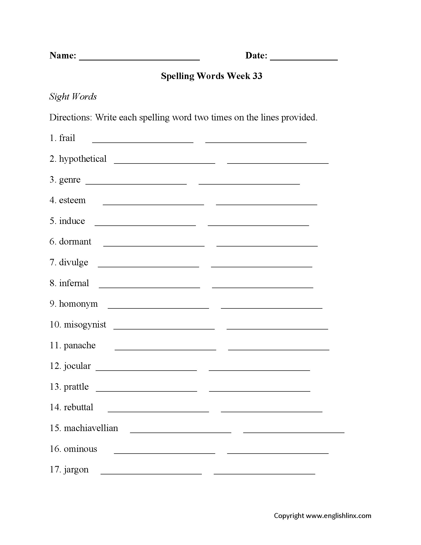 Week 33 High School Spelling Worksheets