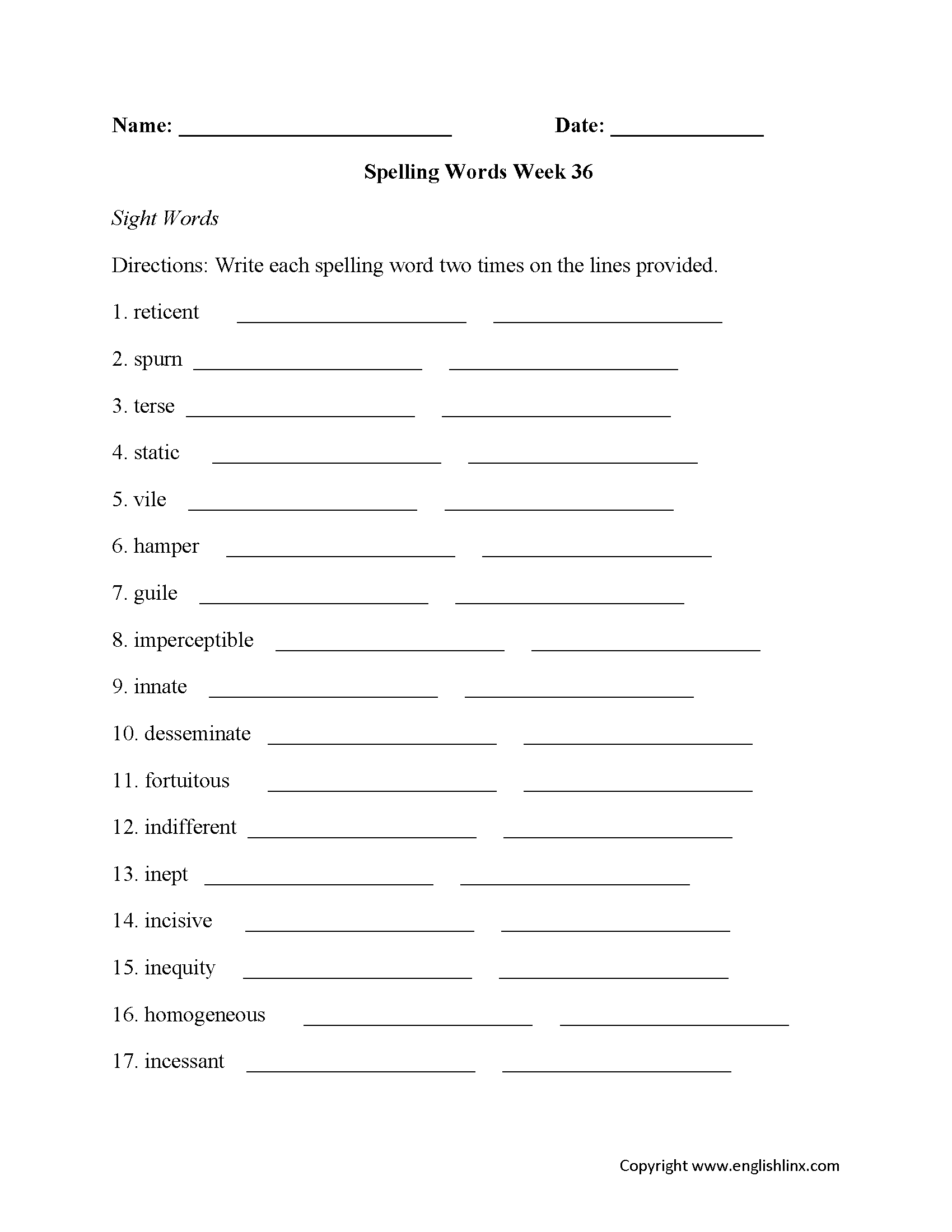 Week 36 High School Spelling Worksheets
